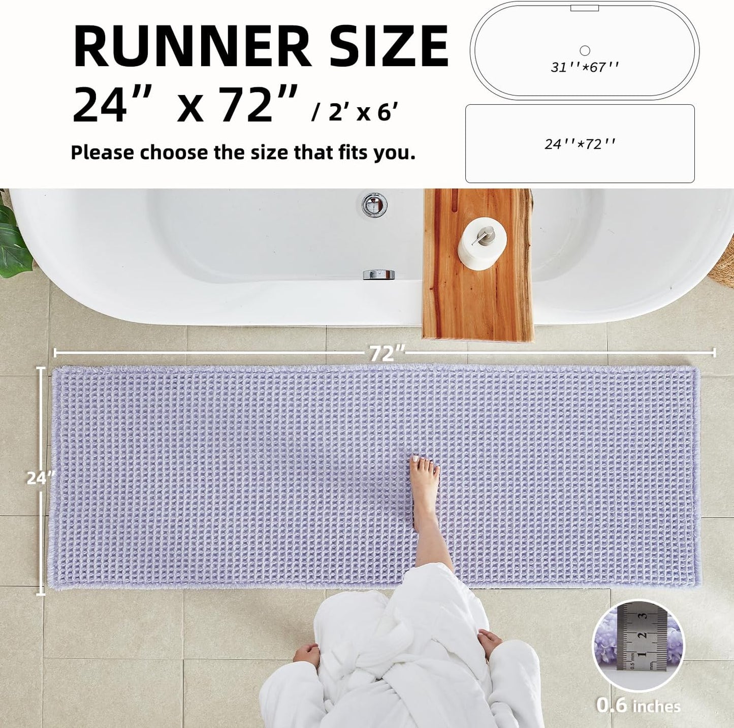 Waffle Runner Rug Bathroom, Boho Bathroom Rugs Non Slip Washable Long Super Absorbent Quick Dry Cute Bath Mat Farmhouse Bath Mat, 72''x24'' Lavender Cream