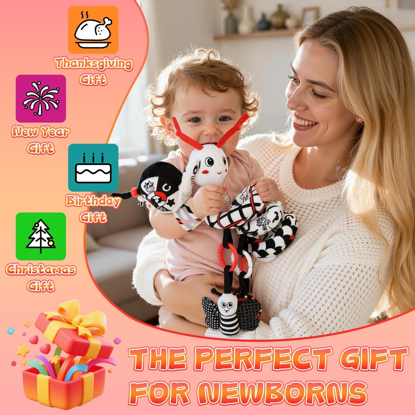 Zendstanding High Contrast Baby Toys for Newborn, Black and White Baby Sensory Toys 0-12 Months with Car Seat Toys & Soft Plush Toy, Activity Hanging Toys Velcro for Stroller Toys Baby Gifts