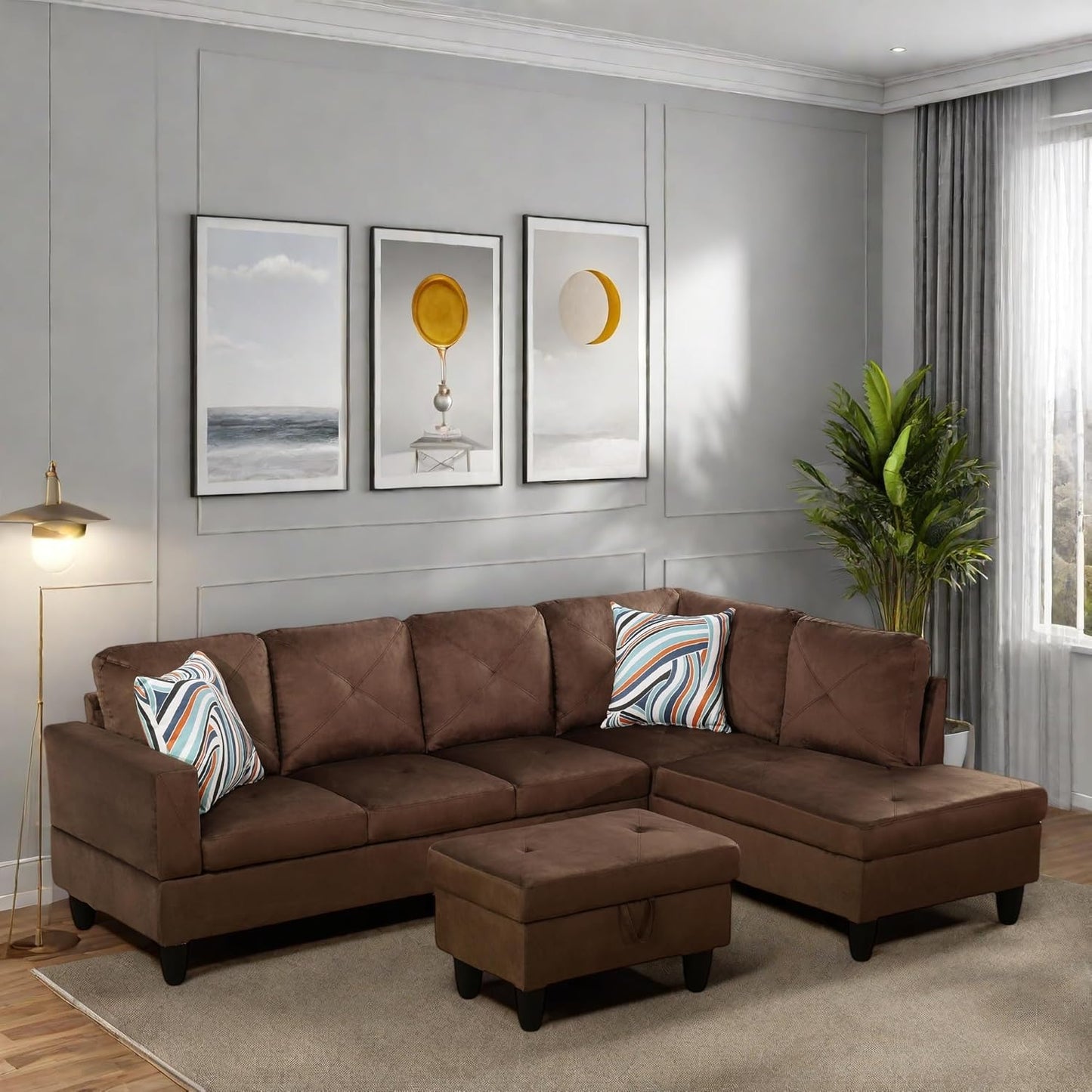 L Shaped Sectional Couches, Modern Modular Sectional Sofa Furniture for Living Room Bedroom, Comfy 4 Seat Couch with Ottoman Storage & Chaise, Brown