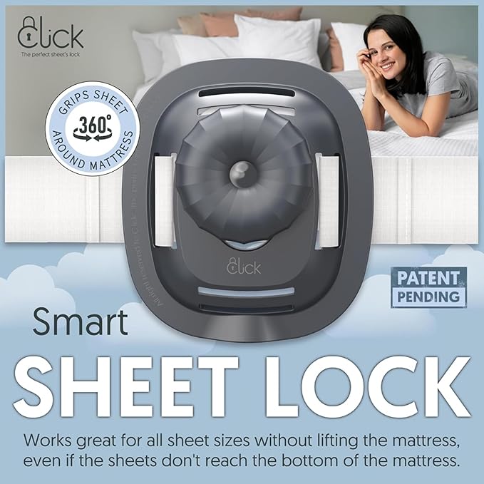 CLICK Sheet Holders 360° Heavy Duty Bedlock Set of 4 Sheet Clips Keeping Sheets in Place, No Lift Mattress Sheet Locks & Strap for Bedding, Bedsheet Fasteners Sheet Stays on King, Queen & Twin XL Beds