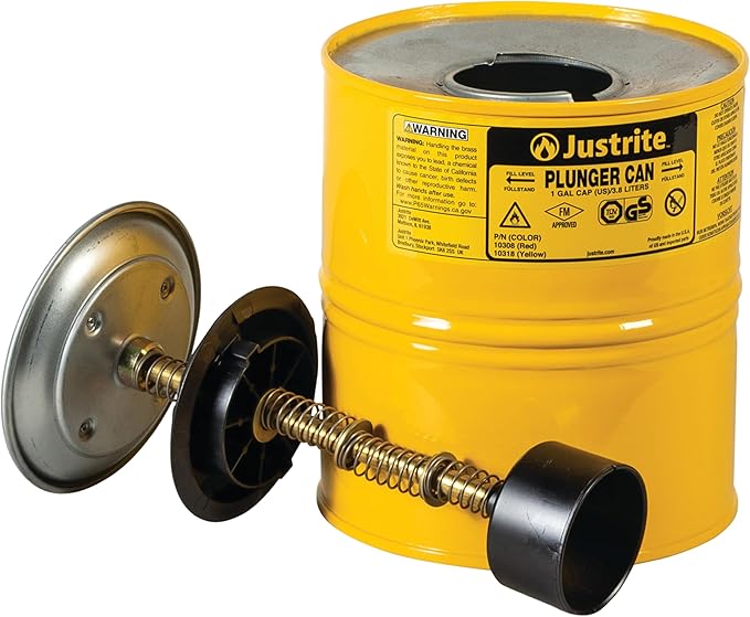 Justrite Plunger Can for Solvents, 1 Gallon Capacity, 10.5" x 7.25" Steel Push-Down Solvent Dispenser Can, Made in The USA Industrial Mechanic Tools, Yellow, 10318
