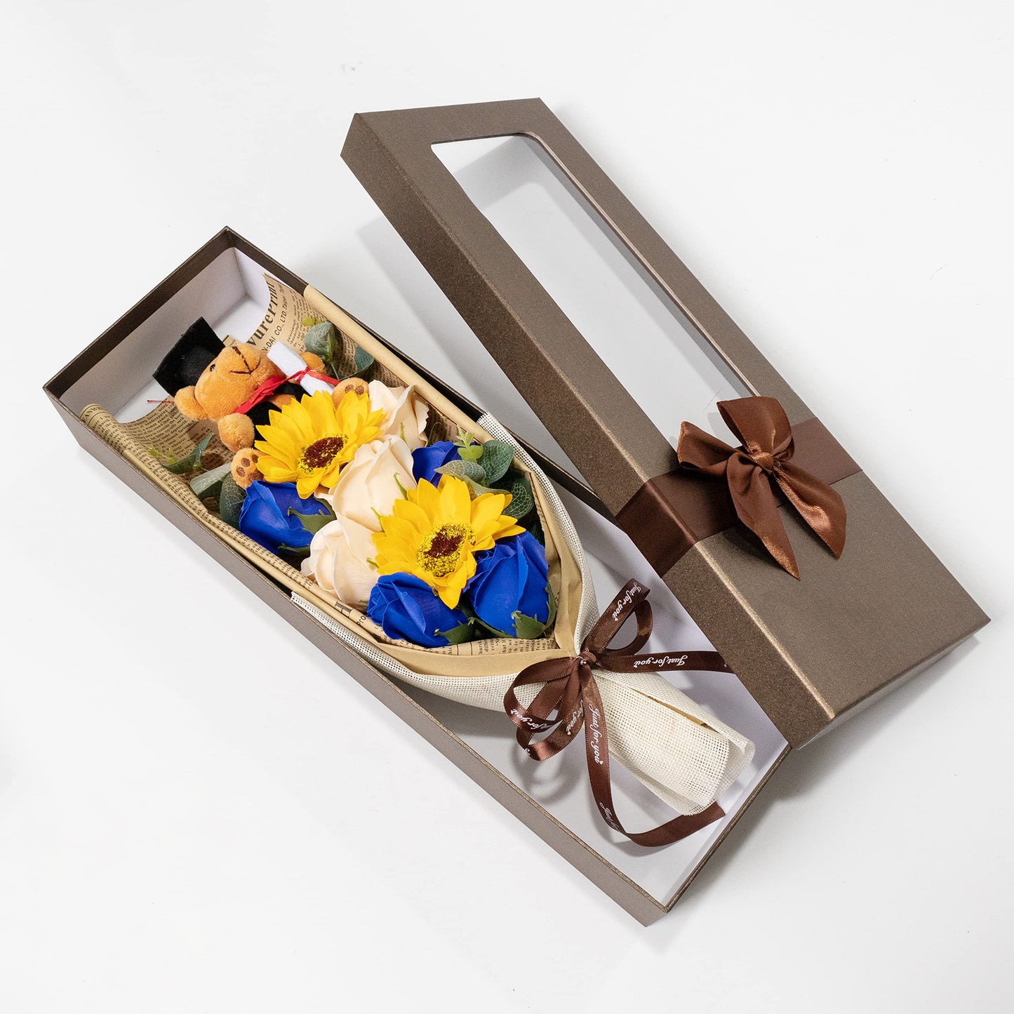Ansuma 13" Graduation Rose Sunflower Scented Soap Flower Bouquet Mini Plush Graduate Teddy Bear with Grad Cap Floral Arrangements Gift Box for Graduation Party Favors Supplies (Blue)