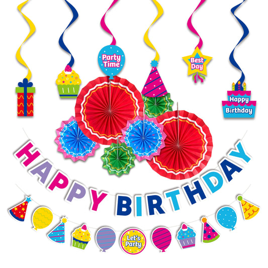 HonuGoGo 14-Piece Colorful Birthday Decoration Kit – Includes Happy Birthday Banners, Paper Fans and Hanging Swirls for Vibrant Party Room Décor