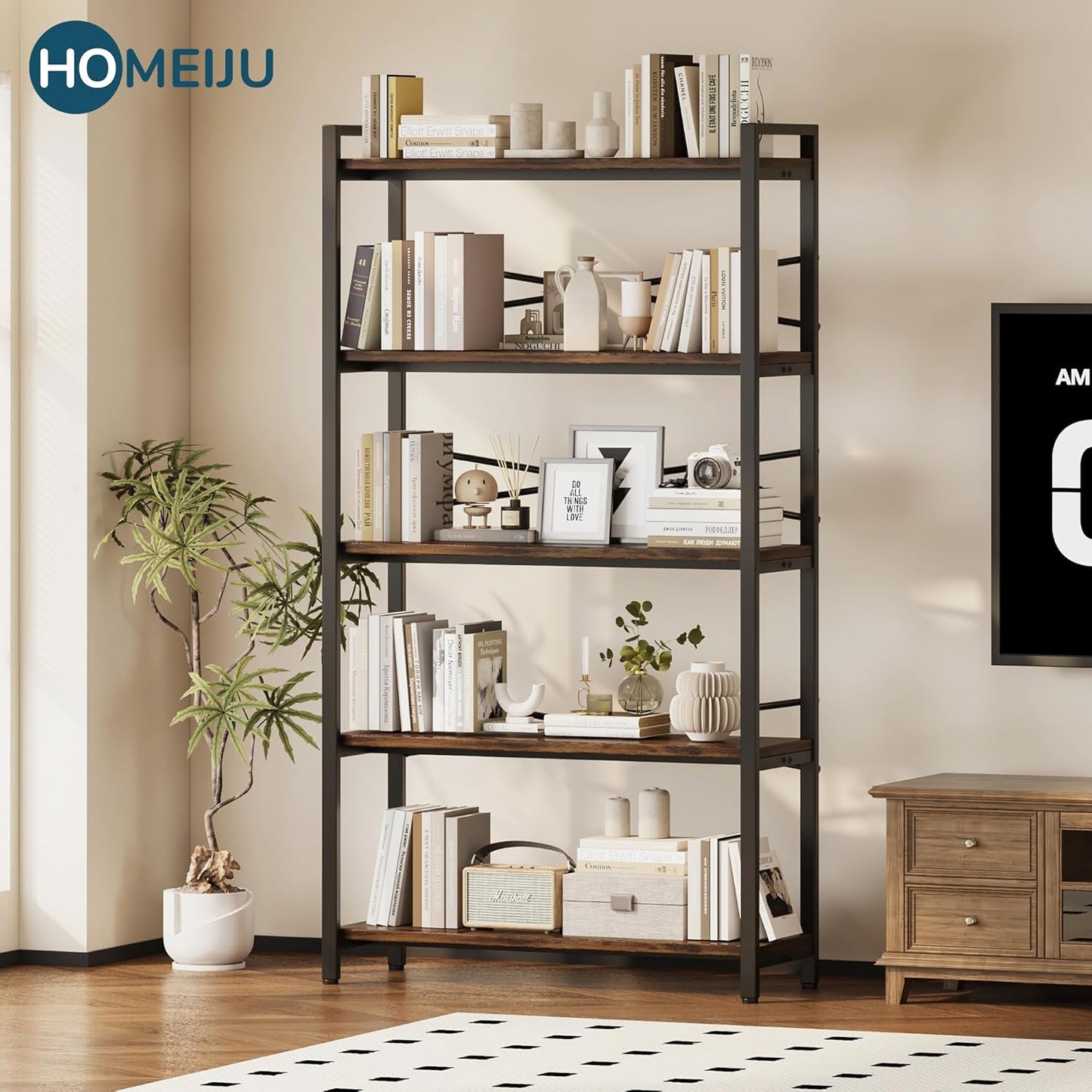 5 Tier Bookshelf 31.49" Width, Book Organizers and Storage, Wood and Metal Tall Bookcase, Rustic Book Shelf Organization and Storage for Home Living Room Bedroom Office Storage(Rustic Brown)
