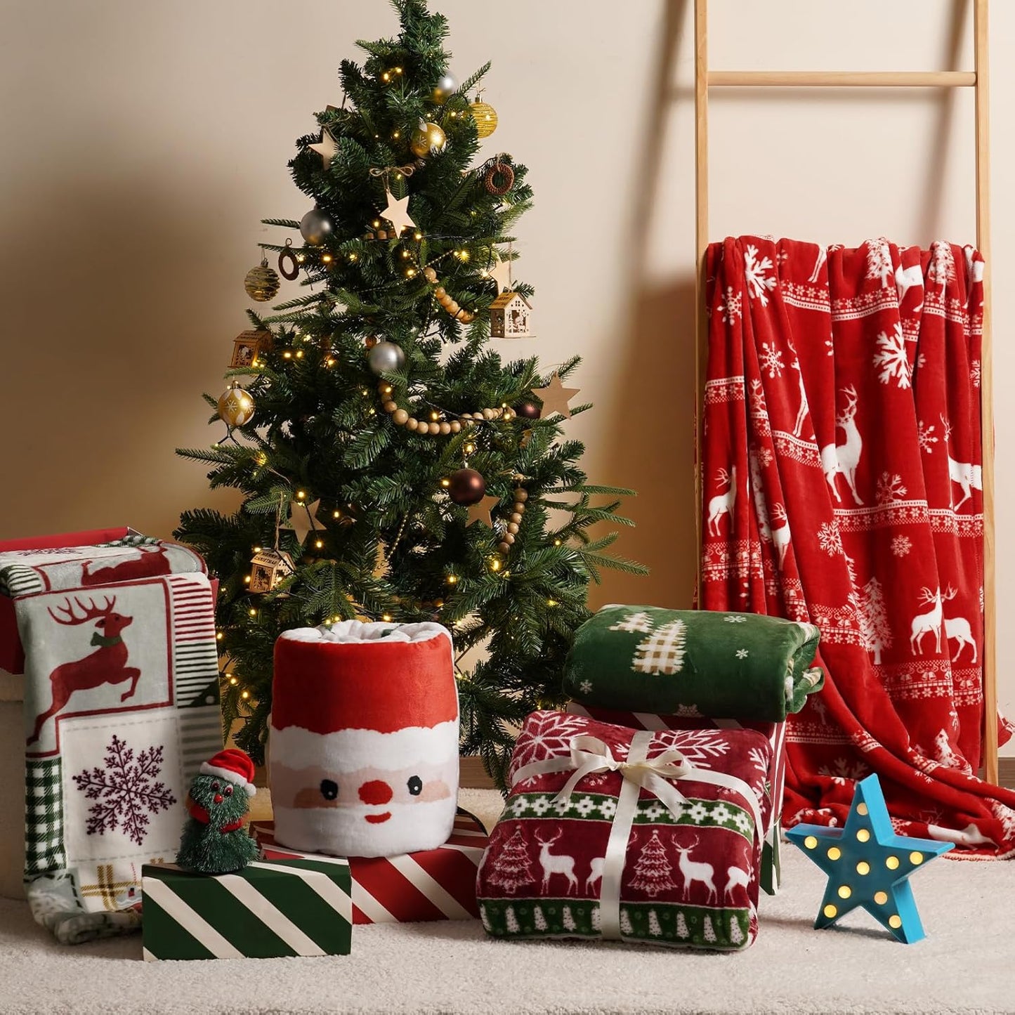 PHF Printed Fleece Throw Blanket, No Shed No Pilling Ultra Soft Plush Cozy Xmas Prints Theme Home Décor Flannel Blanket for Bed, Sofa, Couch and Gift, 50" x 60", Reindeer and Trees, Red