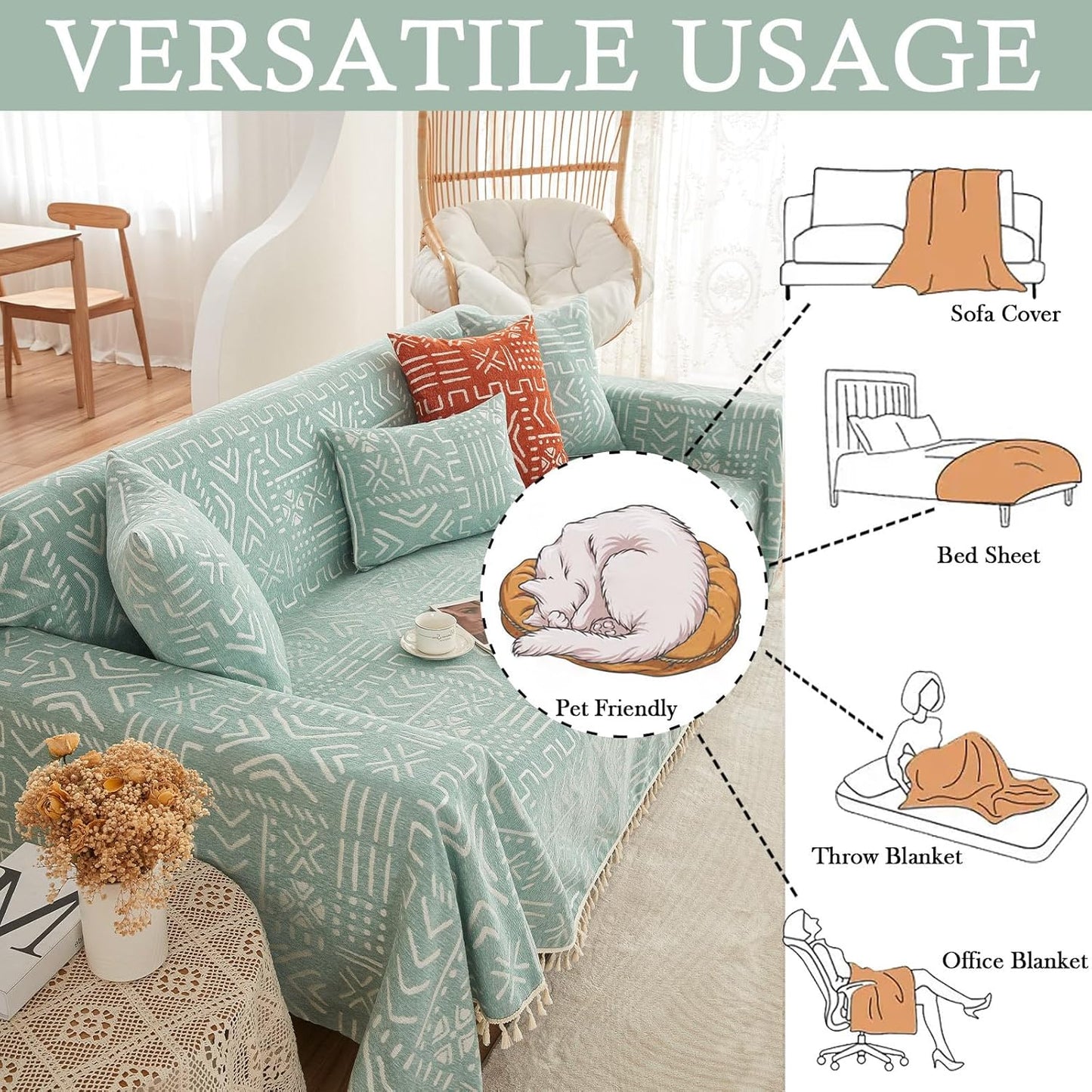 HANDONTIME Farmhouse Couch Cover Tassel Light Green Sofa Covers for Dogs Boho Décor Geometric Aztec Couch Cushion Cover Sofa Protector Cover Sectional Couch Covers for 3 Cushion Couch, 71" X134"