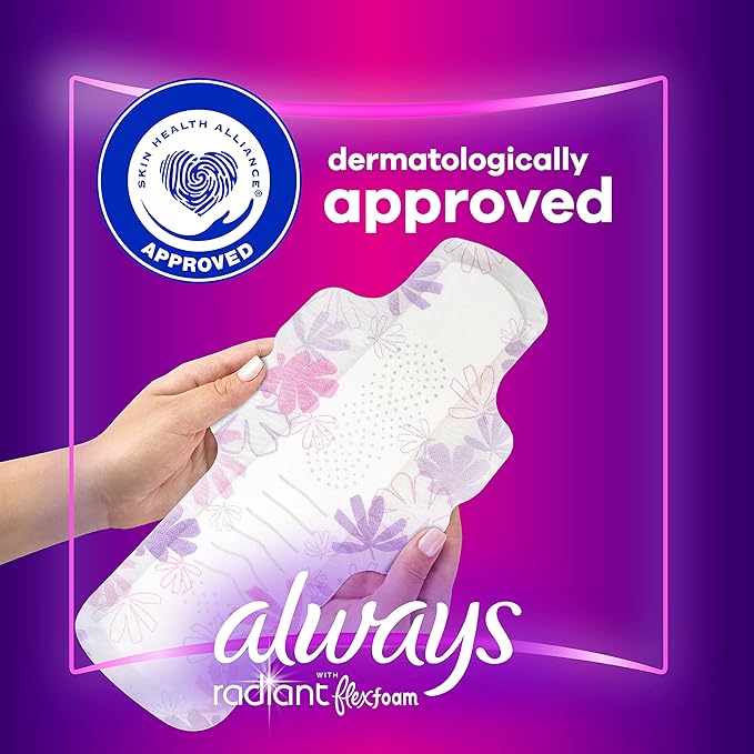 Always Radiant Feminine Pads for Women, Flexfoam Pads with Wings, Size 5, Extra Heavy Overnight Absorbency, Lightly Scented, 26 Count