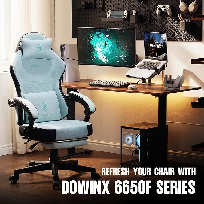 Dowinx Gaming Chair Fabric with Pocket Spring Cushion, High Back Ergonomic Computer Chair with Footrest for Adults, Massage Lumbar Support Swivel Game Chair for Office Gaming 300LBS, Aqua