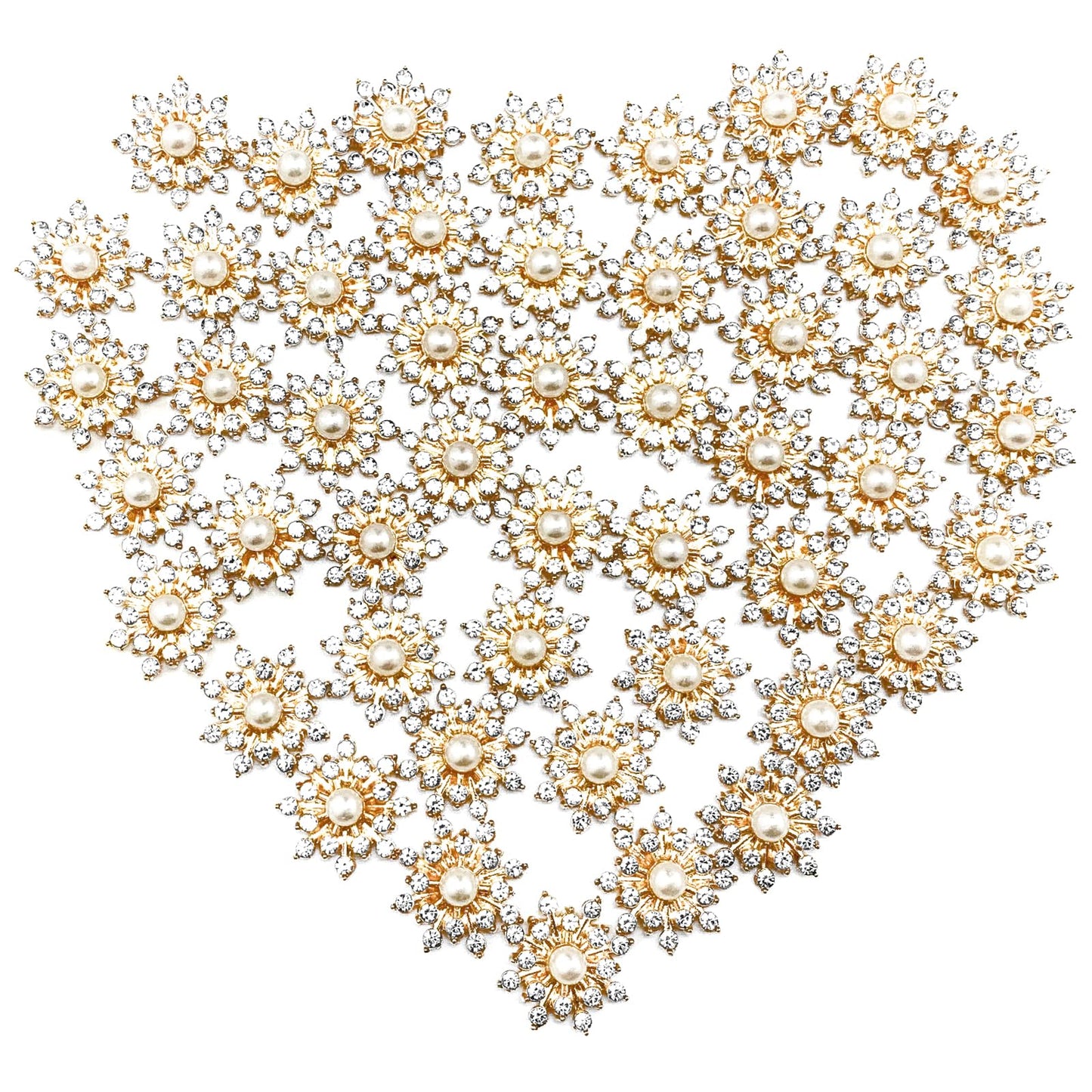 BETITETO 50Pcs Pearl Rhinestone Charms Flatback Flower Buttons Embellishments Bulk for DIY Shoe Sock Charms Bag Decoration Brooch Headbands Clothes Wedding Flower Bouquet Crafts (#1 KC Gold Alloy)