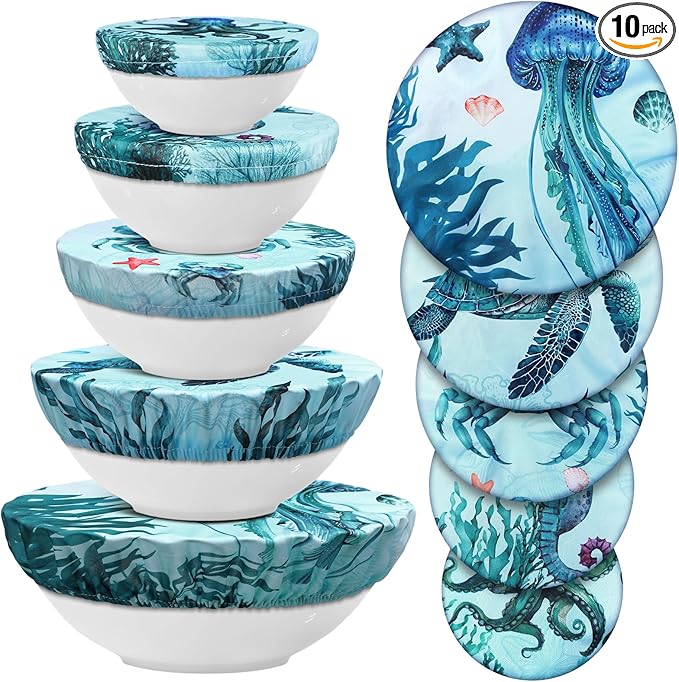 Patelai 10 Pcs Bowl Covers Reusable in 5 Size Stretch Cloth Fabric Elastic Food Storage Bowl Covers Bread Sourdough Lids for Proofing Food Fruits Leftover(Dark Blue,Ocean)