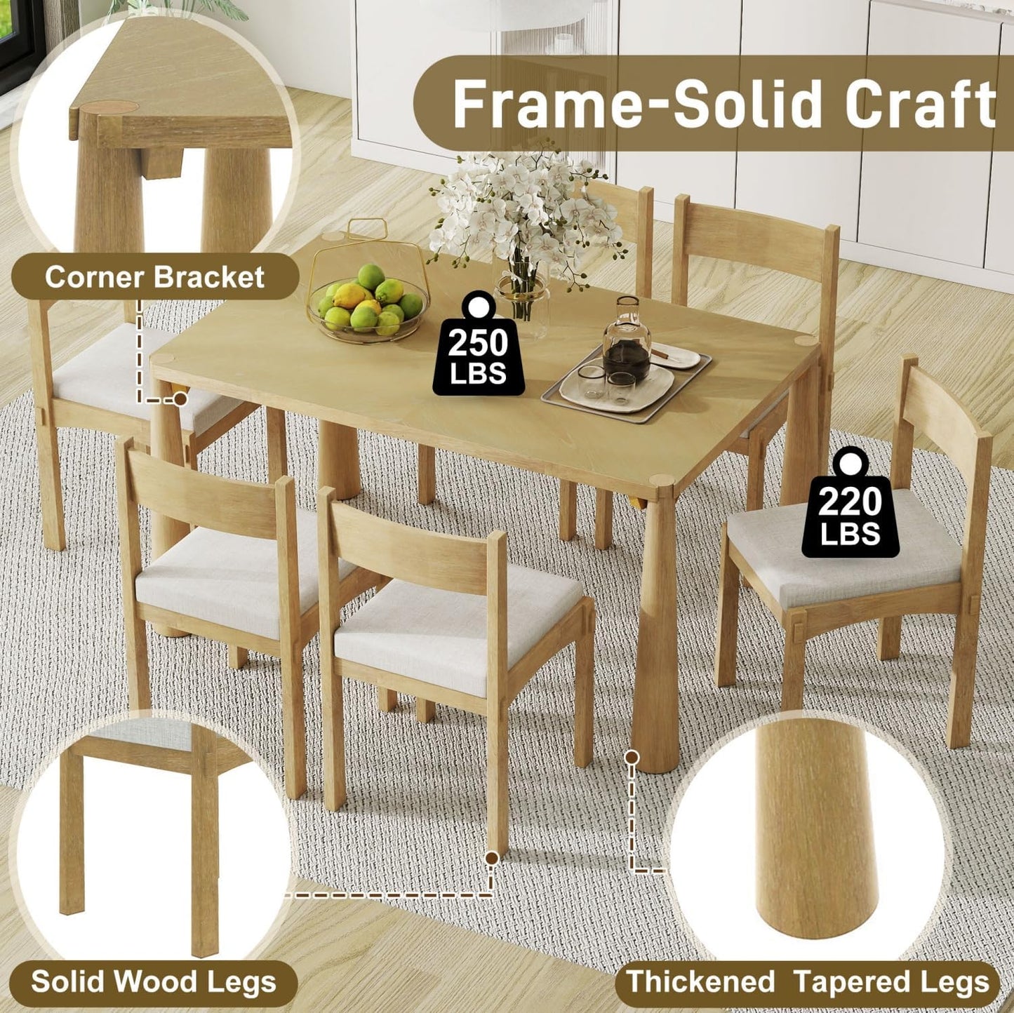Dining Table with Chairs Set of 6, 7-Piece 60" Farmhouse Rectangular Dining Room Table with 6 Upholstered Solid Wood Chairs, Space Saving Kitchen Tables for Small Place, Natural Rubber Wood