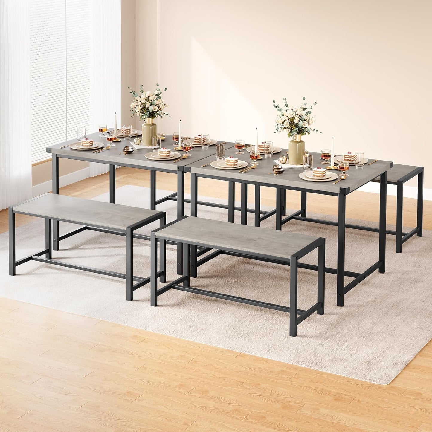 Dining Table Set for 4 with 2 Benches, 3-Piece Kitchen Table Set, Space-Saving Dining Set for Kitchen, Dining Room, Gray