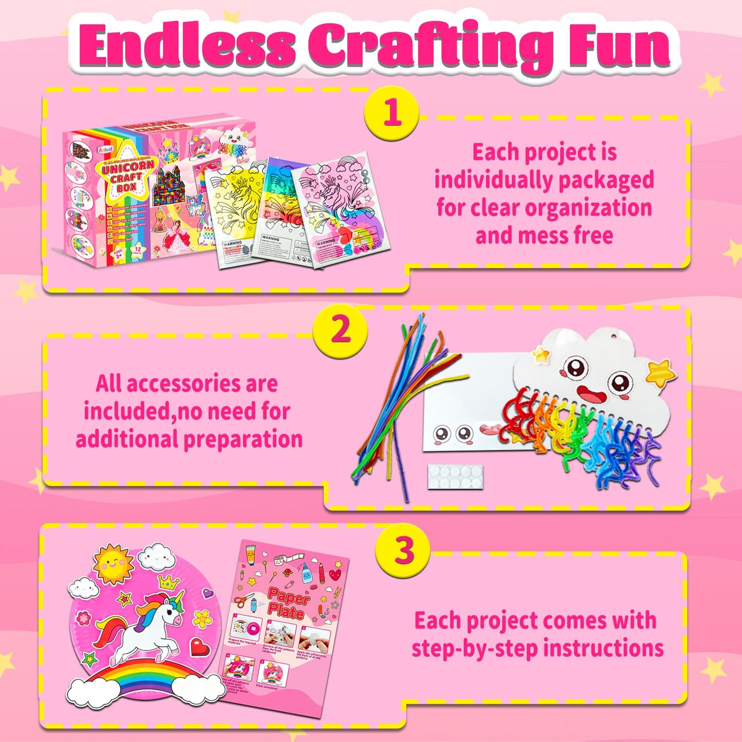 Unicorn Craft Box-12 Projects Fun Arts and Crafts for Kids Ages 4-8,Creative Educational Activity, No Mess Individually Packaged Travel Toys,Party Favors,Birthday Gift for Girls 3 4 5 6 7 8 Years Old