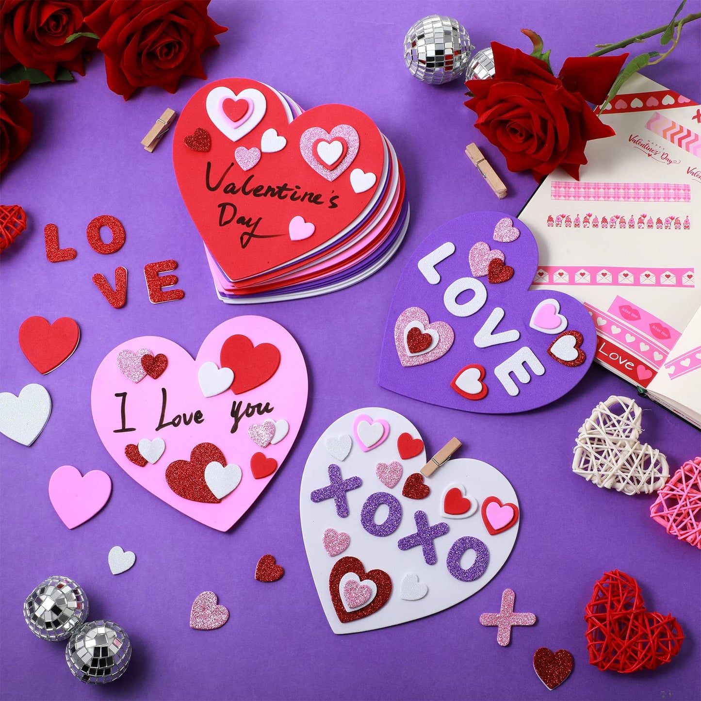 24 Sets Valentine's Day Large Foam Hearts for Crafts 6 Inch Self Adhesive Foam Stickers Hearts Shape for Valentines Day DIY Party Favors Decorations Teacher Supplies