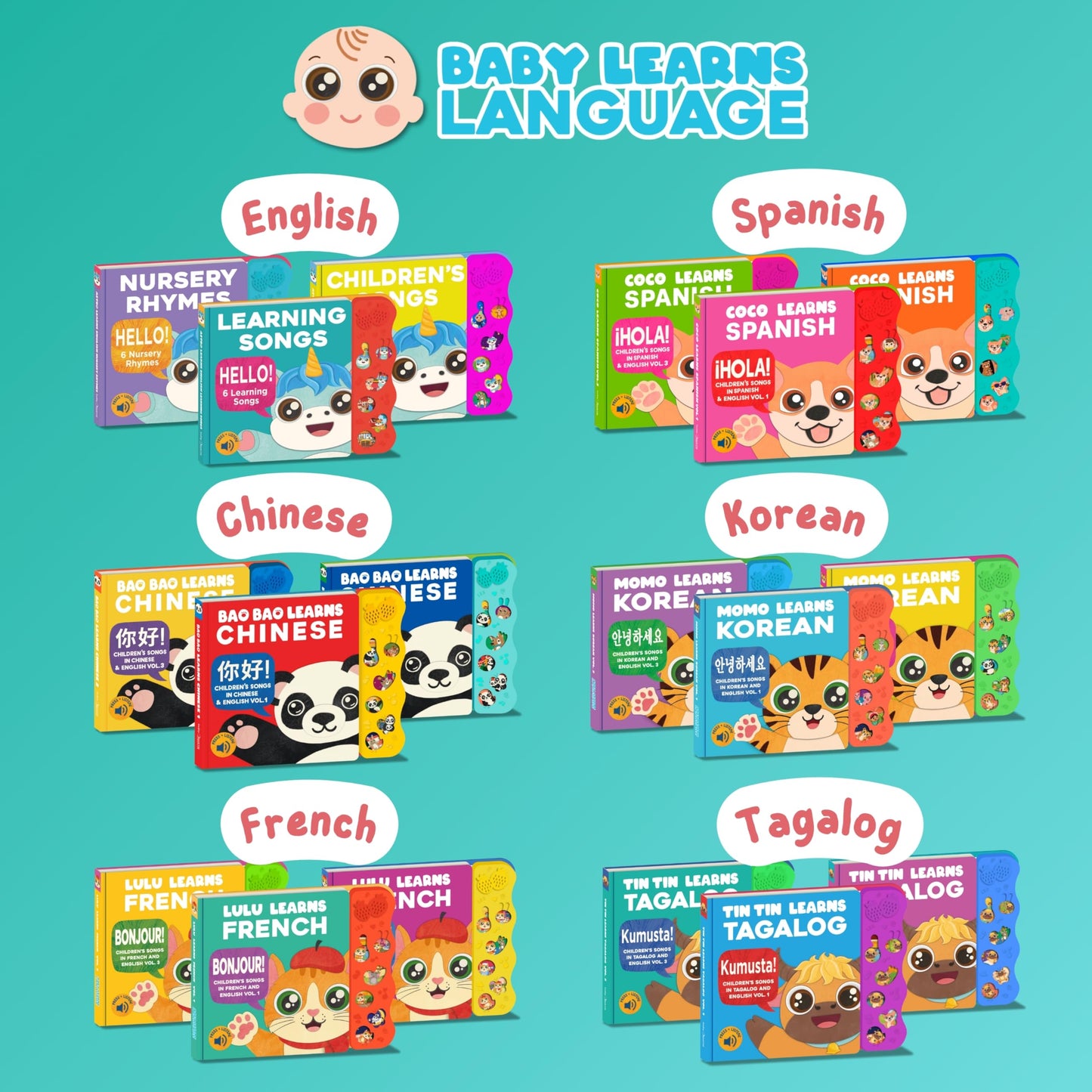 Tin Tin Learns Tagalog Vol. 3 — Interactive Sound Board Book for Toddlers 1-3, Bilingual English & Filipino Songs & Nursery Rhymes, Talking Musical Book, Musical Toy Gift for Babies & Kids