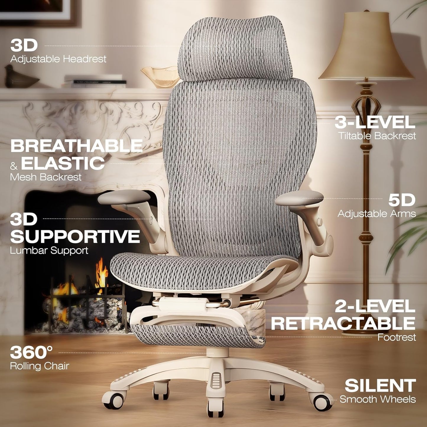 ELABEST X100 Ergonomic Office Chair with Footrest, Big and Tall Home Desk Chair with 5D Flip-Up Arms, Adjustable 3D Lumbar Support,High Back Rolling Computer Chair, Swivel Mesh Chairs (Frosted Dawn)