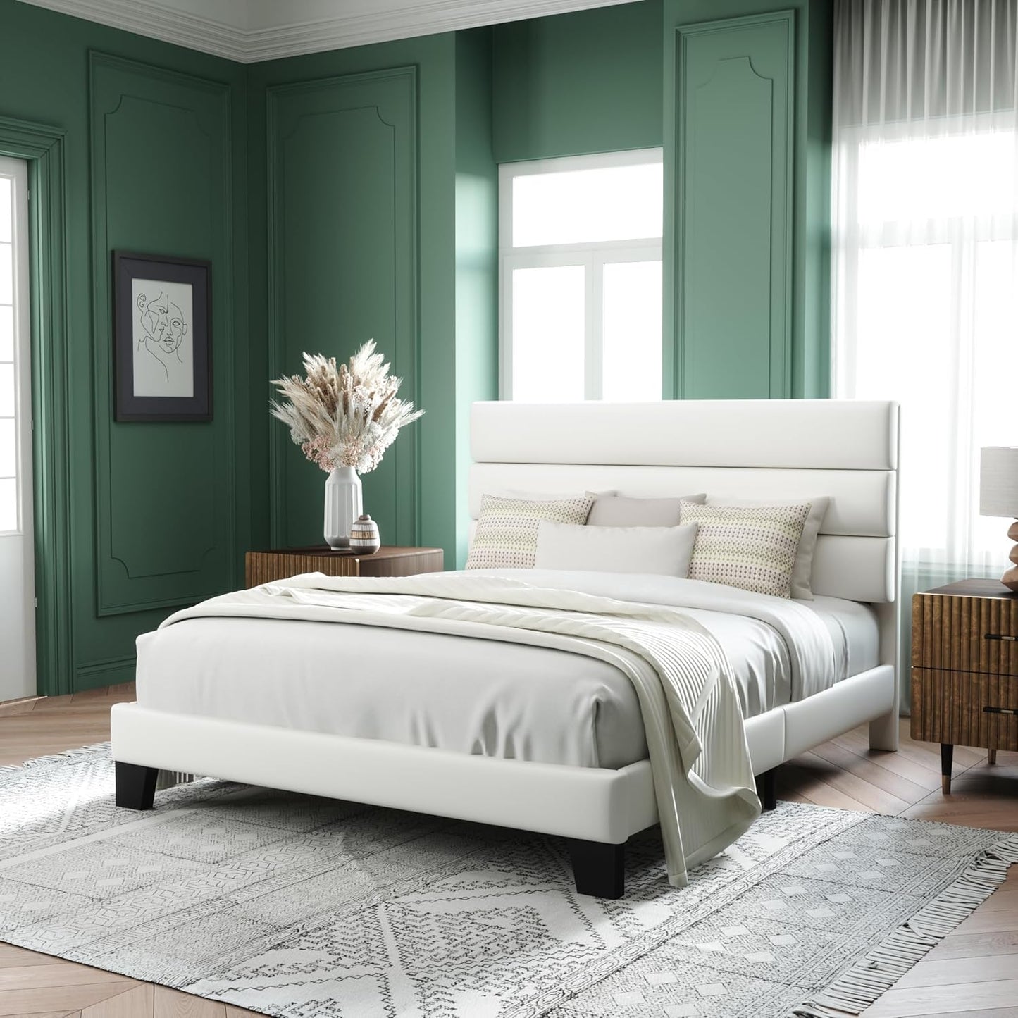 Allewie Queen Size Platform Bed Frame with Velvet Upholstered Headboard and Wooden Slats Support, Fully Mattress Foundation/No Box Spring Needed/Easy Assembly, White
