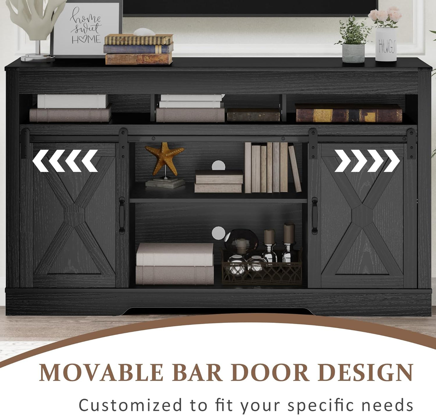 RoyalCraft Farmhouse TV Stand with Sliding Barn Door for TVs up to 65+ Inch, 34" Tall Entertainment Center, Wood Media Console Storage Cabinet for Bedroom, Living Room, Black