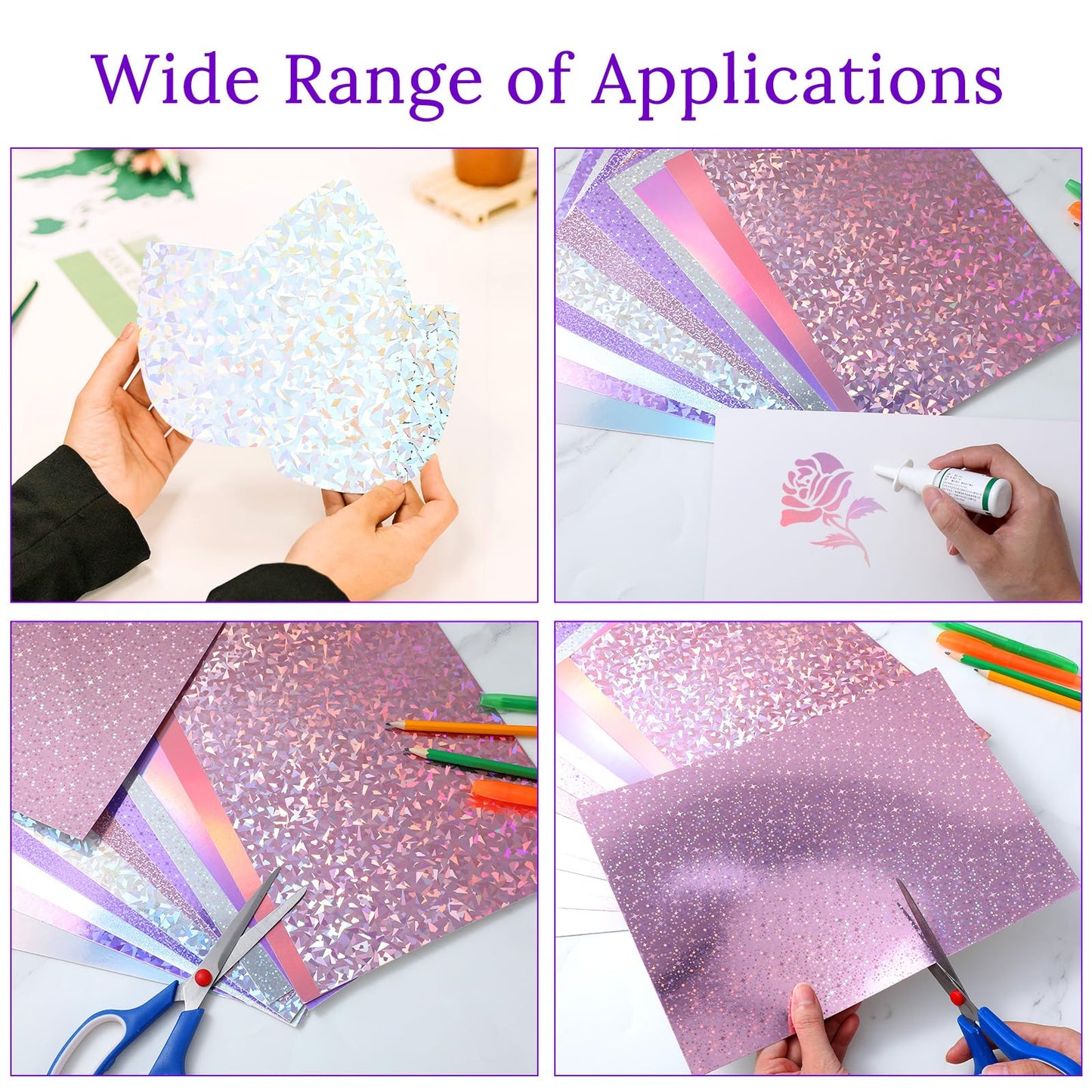 Kifmurase 120 Sheets Metallic Holographic Card Stock, Shiny Glitter Card Stock, Glitter Iridescent Mirror Paper 11.7 x 8.3'', 250GSM 12 Mixed Colors Foil Paper for Scrapbook, Cards Making, Crafts