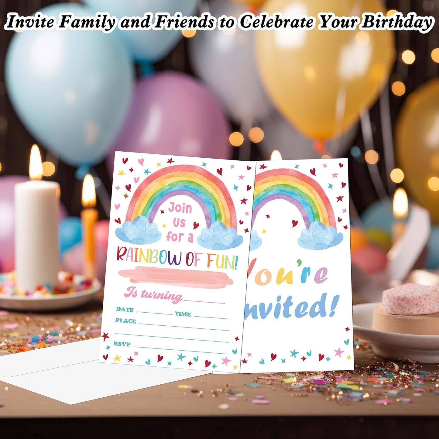 Rainbow Birthday Invitations, 20 Invitation Cards with Envelopes, Colorful Clouds Invites for Girl Party Decorations Favor Supplies - A10