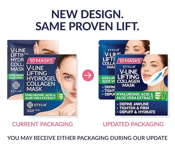 Stylia V Line Lifting Collagen Mask - Lift, Firm & Contour Jawline - Tightening Double Chin Strap with Hyaluronic Acid & Aloe - Neck Tightening and Lifting Mask - Jawline Shaper Face Lift Tape (10PC)