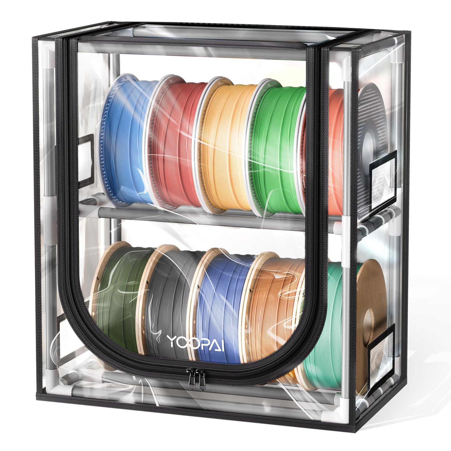 YOOPAI 3D Printer Filament Storage Box with Desiccants - 2 Tiers Metal Filament Storage Rack with Trans Cover,Holds Up to 12 Rol