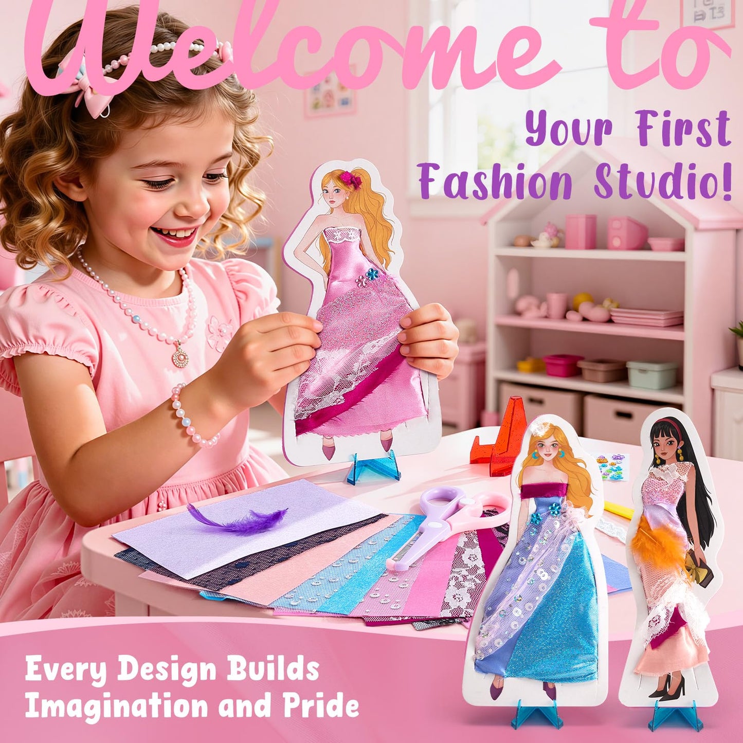 Poke-in Fashion Designer Kit for Girls, No-Sew DIY Craft Toys with 6 EVA Mannequins & Real Fabric, Safe & Non-Toxic Creative Dress Up Activity, Mess-Free Arts and Crafts Gift for Girls Age 5-12