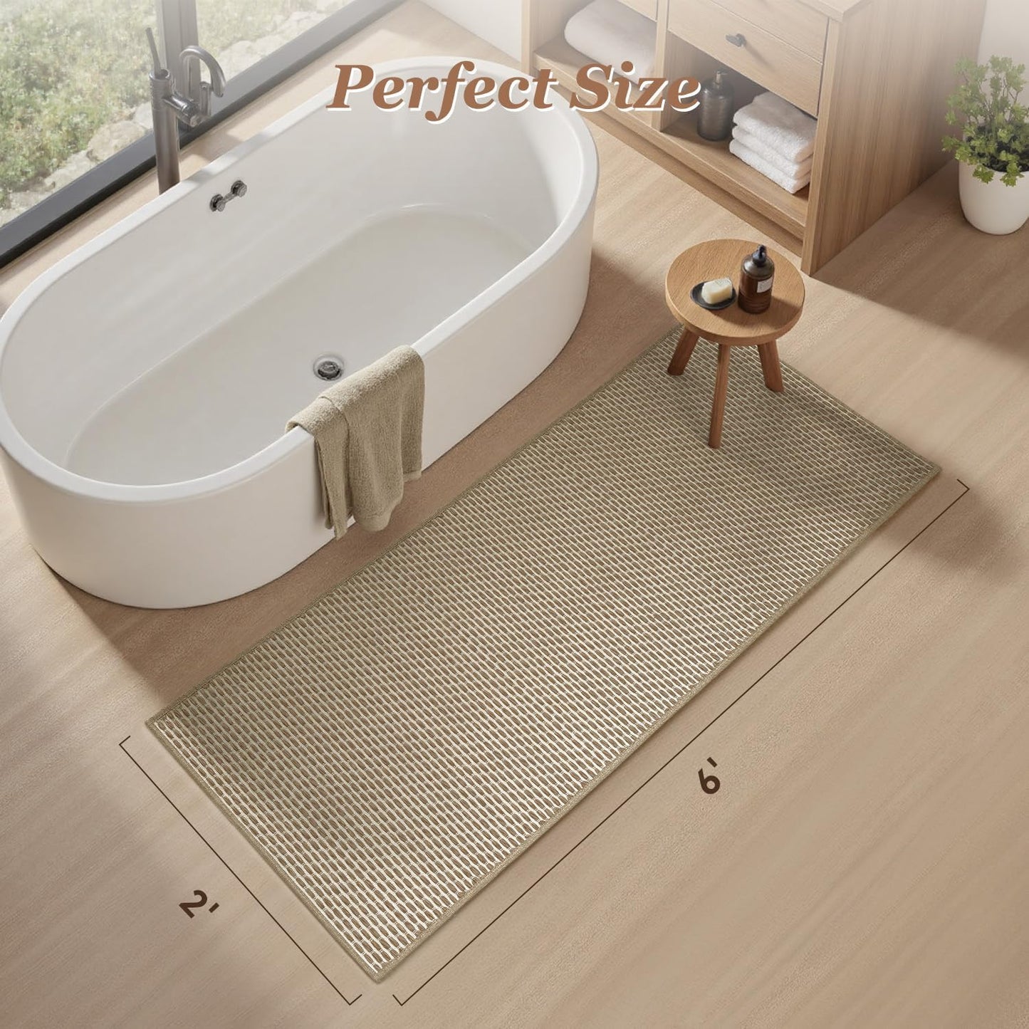 AMOAMI Unique Woven Bathroom Runner Rug, Super Absorbent Non Slip Bath Mats for Bathroom Textured Bathroom Mat Quick Dry Boho Rugs Runners for Hallyways Kitchen Bedroom Beside Tub, 2' x 6', Brown