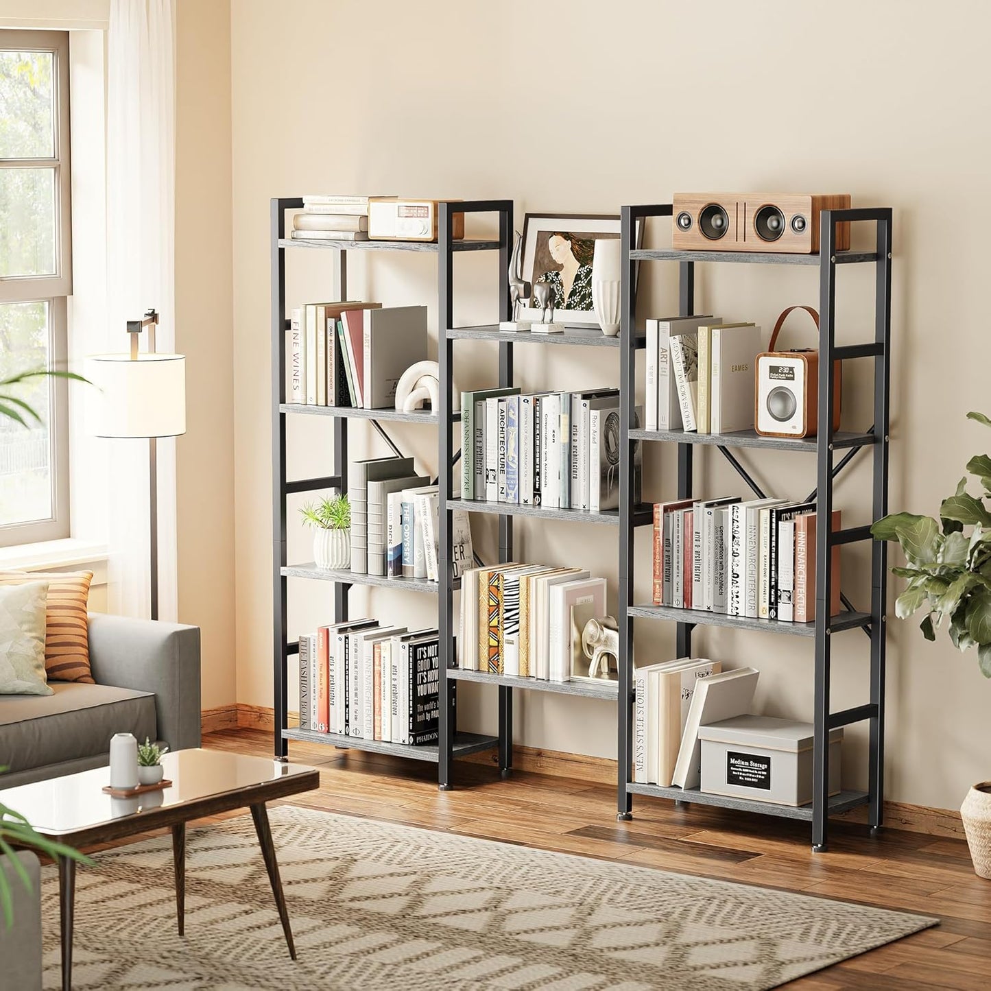 SUPERJARE Triple 4 Tier Bookshelf, Bookcase with 11 Open Display Shelves, Wide Book Shelf Book Case for Home & Office, Grey