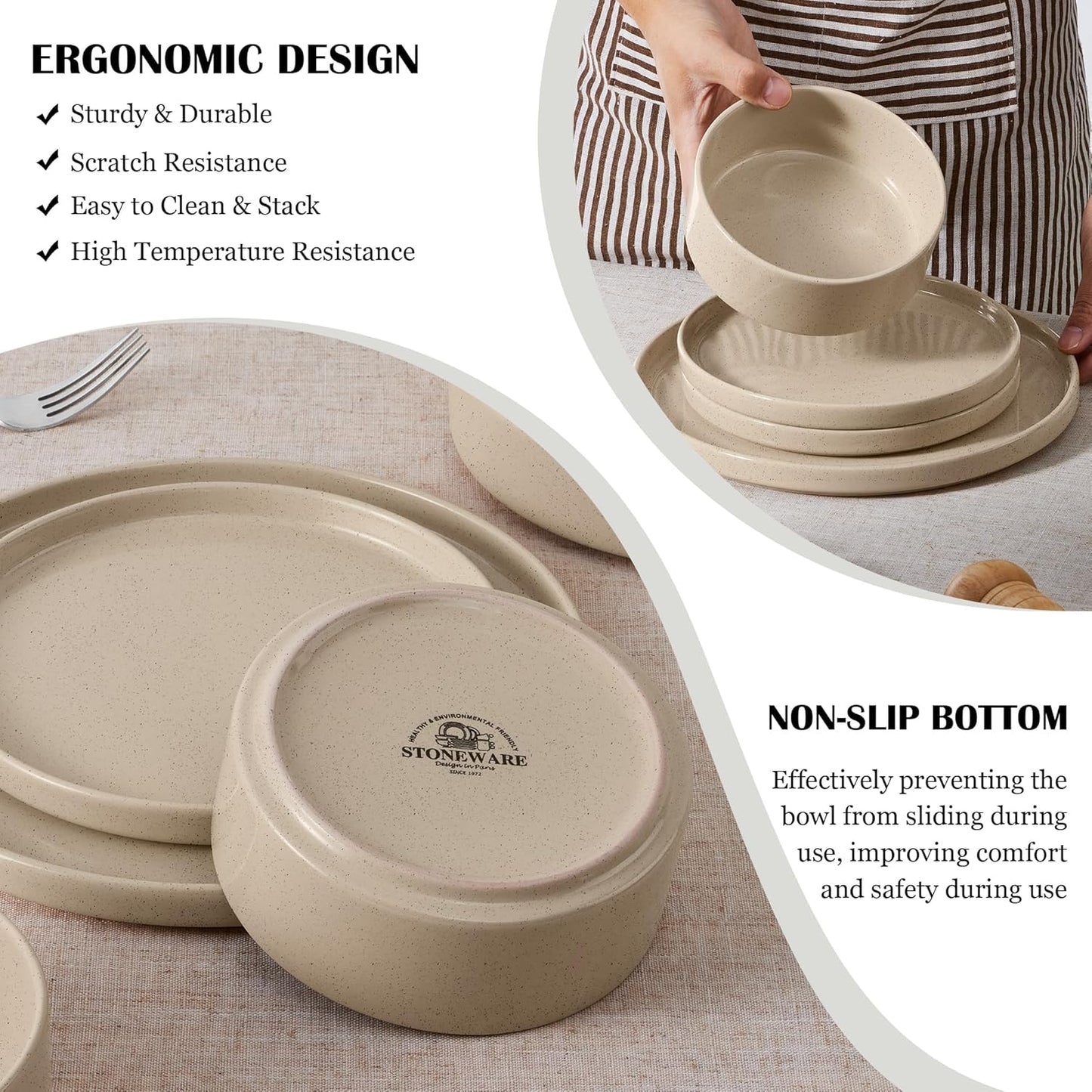E-far Stoneware Dinnerware Sets, 12-Piece Plates and Bowls Dish Set for 4, Kitchen Modern Dinning Ware, Chip and Scratch Resistant, Microwave & Dishwasher Safe, Speckled Khaki