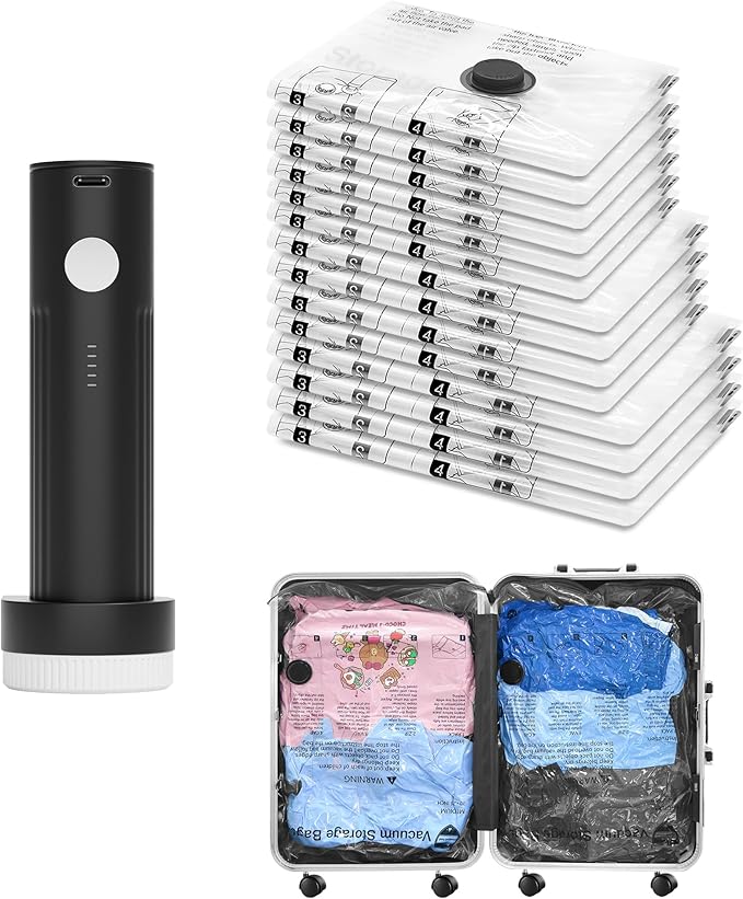 SUOCO Travel Vacuum Bags with Portable Electric Pump, 14 Combo (4L/4M/6S) Compression Packing Seal Cubes for Clothing Suitcase Luggage Organizer, Space Saver Clothes Storage Bags