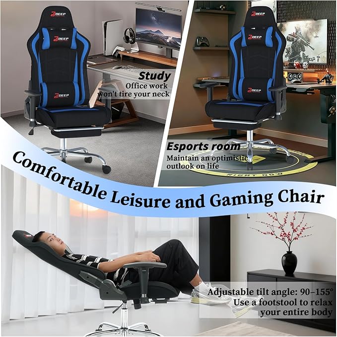 Fabric Gaming Chair, Skin-Friendly and Breathable, Manufactured by A Reputable Manufacturer, Safe and Stable, Specially Designed for Gaming.with Footrest Mg(1005-Deepblue)