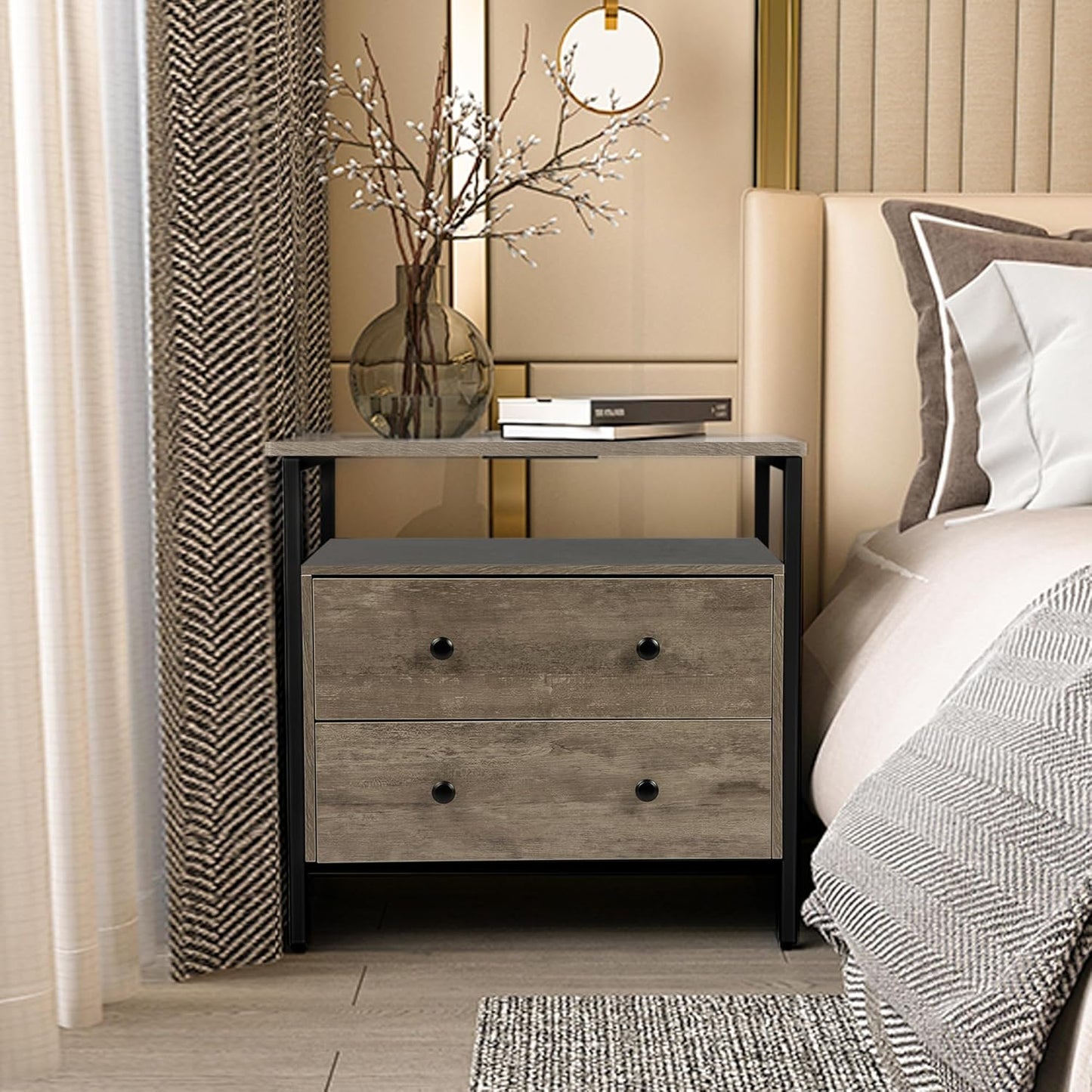27 inch Wide Nightstand with Charging Station, Bedside Table with Open Shelf, 2 Drawers Small Wood Dresser, End Side Table for Bedroom (Rustic Gray)