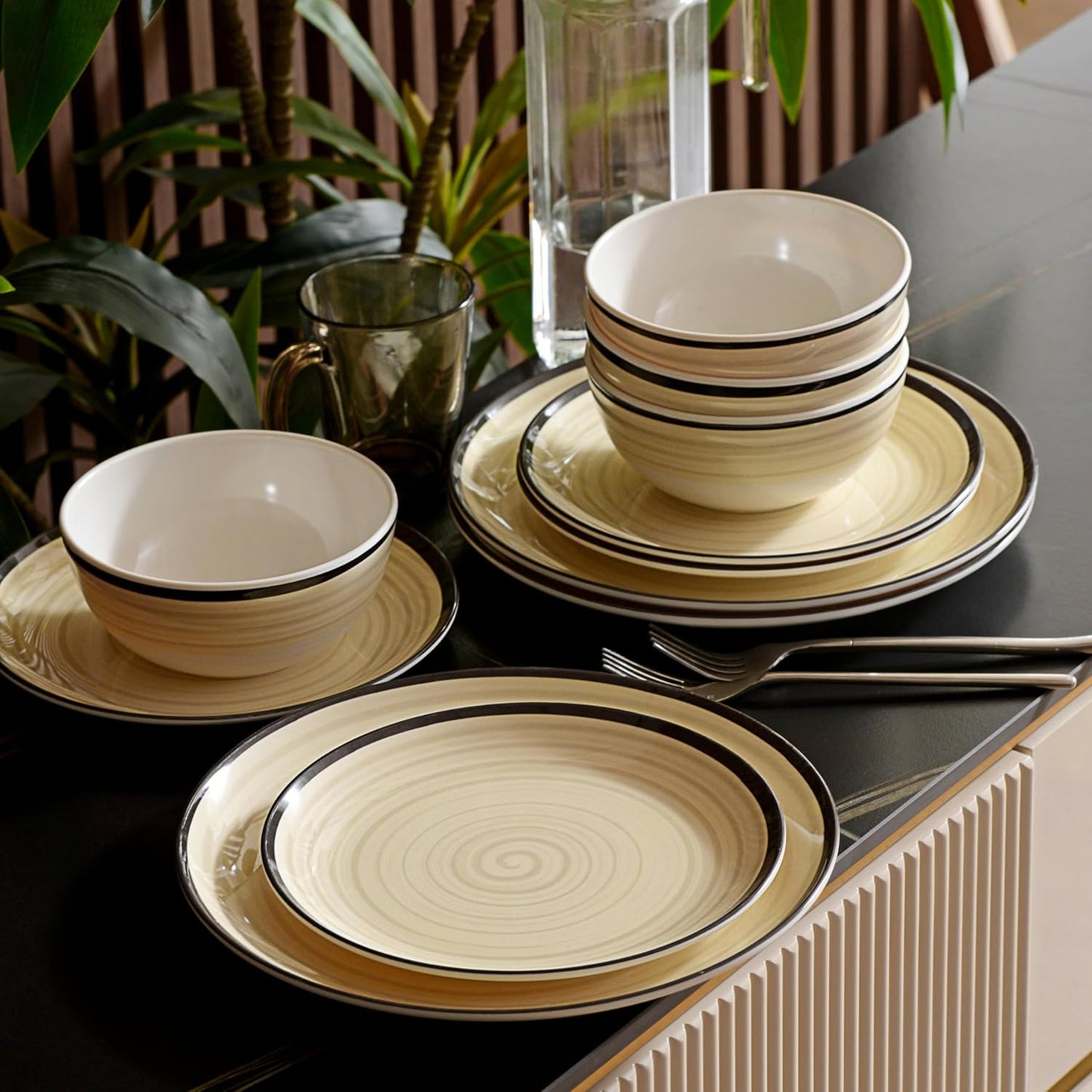 Melamine Dinnerware Set for 4, 12Pcs Dinnerware Sets, Lightweight Plates And Bowls Sets, Morden Dishes Sets for Indoor and Outdoor Use, Dishwasher Safe BPA Free(Off White)