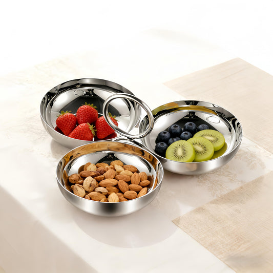 chhcjqyyf Cluster Serving Bowls 3 in 1 Silver Stainless Steel Snack Bowls Connected Fruit Tray Snack Plate for Home Kitchen Party Reusable Portable Ring Style Dessert Bowl Set