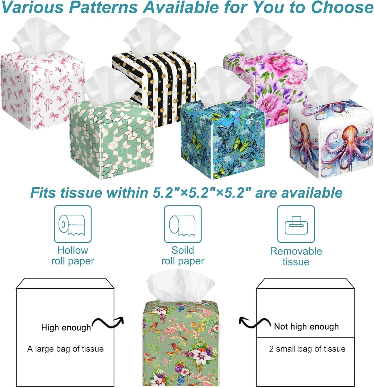 Watercolor Birds Tissue Box Cover,Exotic Wild Flowers Tissue Box Holder Square with Bottom Belt,Waterproof Modern Napkin Holder Organizer for Bedroom Dresser Night Stand Office Desk,5.2" x 5.2" x 5.2"