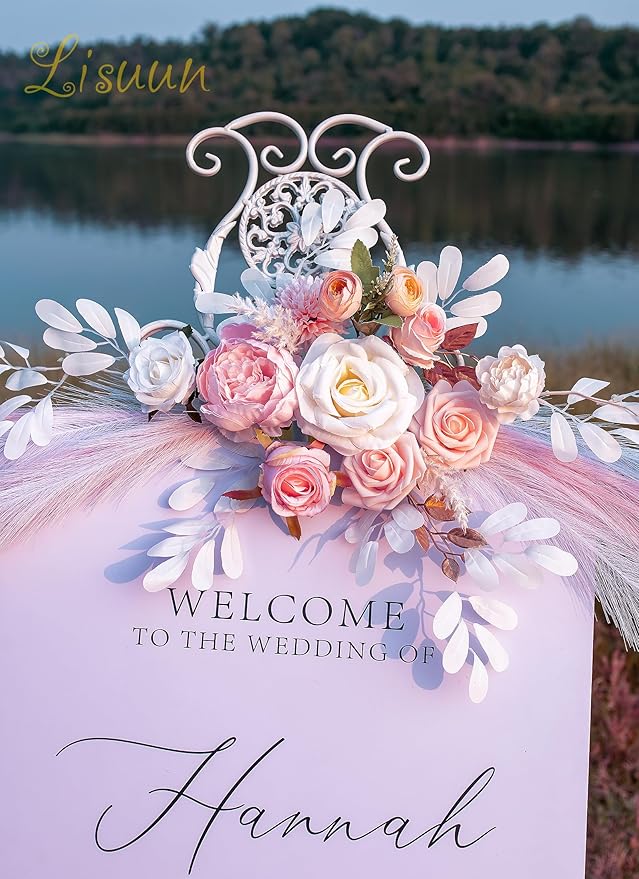 Wedding Arch Flowers, Artificial Floral Decor for Wedding Ceremony & Reception, Standard Size Large Flower Swag Set for Backdrop & Welcome Sign, Pack of 2 (Flesh Pink Pampas)