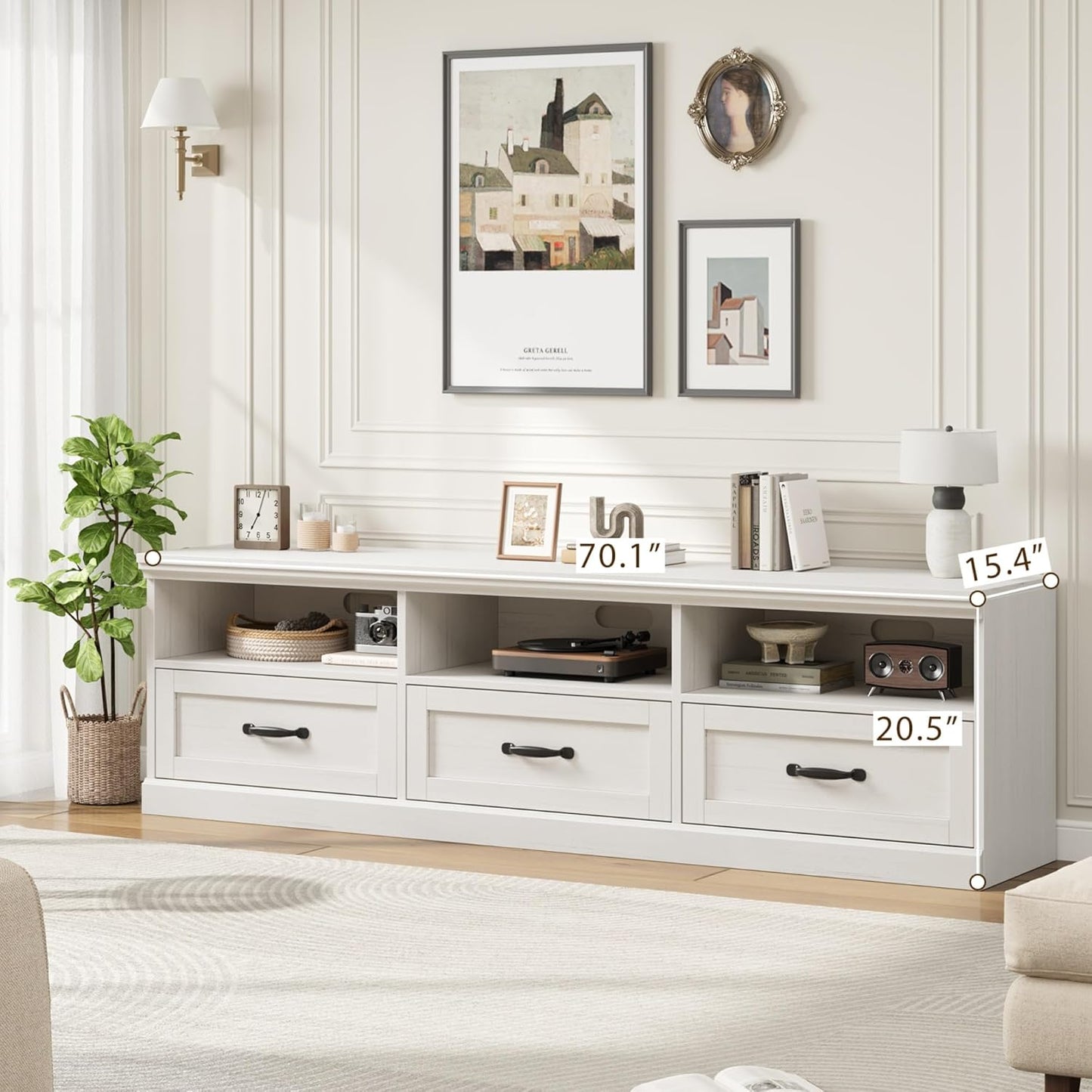 GarveeHome TV Stand for 65/70/75 Inch TV, Entertainment Center with Storage Drawer, Mid-Century Modern TV Console with Open Shelves, 70in Media TV Cabinet for Living Room, Bedroom, Antique White
