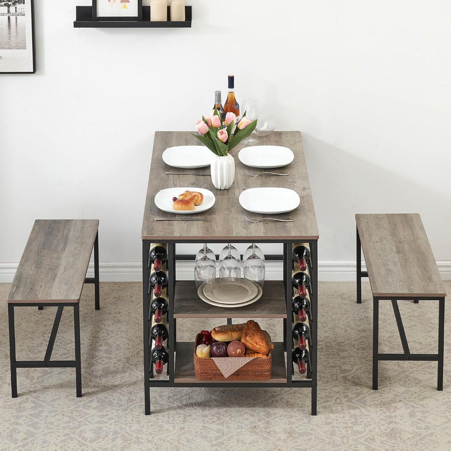 IDEALHOUSE Dining Table Set for 4, Kitchen Table Set for 4 with 2 Benches, Rectangular Dining Room Table Set with Wine Rack, 3 Piece Dining Table Set for Small Space Apartment, Grey
