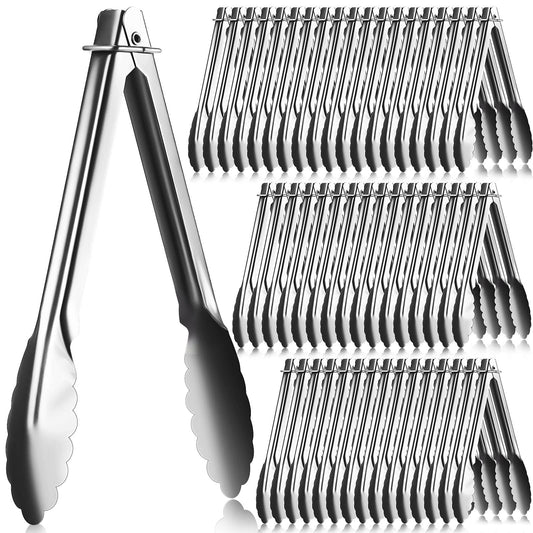 Seewey Set of 50 Stainless Steel Serving Tongs 7 Inch Cooking Clamps with Sliding Rings Small Clam Shell Metal Non Slip Food Tongs for Kitchen Salad Buffet Grill Barbecue Appetizers, Silver