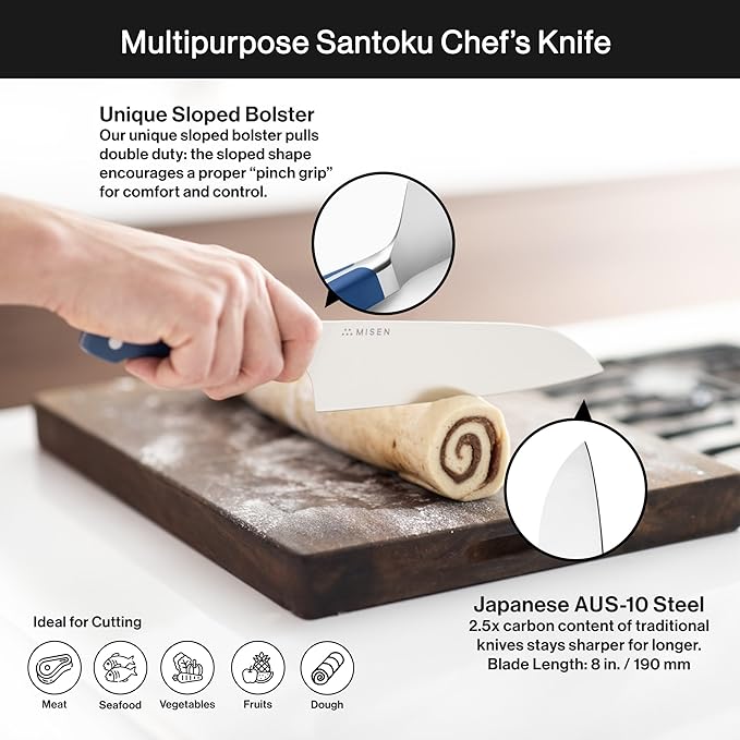 Misen Japanese Santoku Chef Knife - 8 Inch High Carbon Stainless Steel - Classic Japanese Knife Design for Cutting, Slicing, and Chopping - Razor Sharp Japanese Style Kitchen Knife, Blue