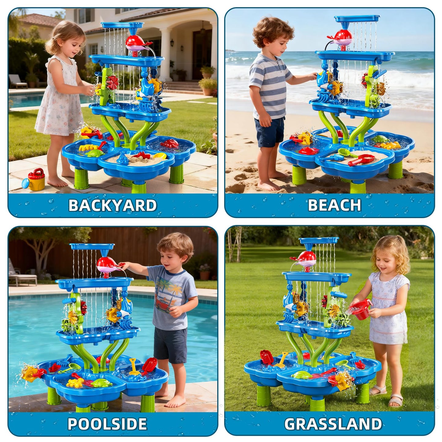 Guminnara 4 -Tier Kids Water Play Table for Toddlers 18M+ 3-5 4-8 Years, Sand and Water Table with Activity Play Set, Water & Sand Sensory Play Table Summer Beach Outdoor Indoor Toys for Birthday