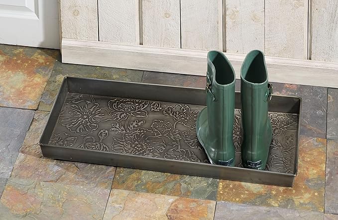HF by LT Poppies Pattern Metal Boot Tray, 30 x 13 inches, Antique Zinc