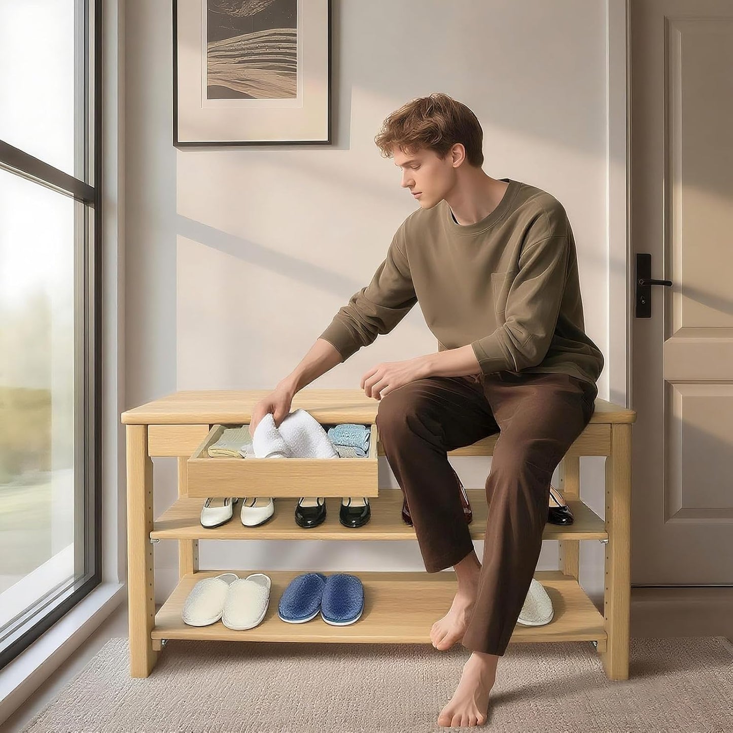 Wood Shoe Bench Entryway with Drawer: 2-Tiers Wooden Storage Shoe Rack with Bench Seat, Compact Mid-Century Modern Design for Entryway, Hallway, Closet, Front Door Entrance, Foyer