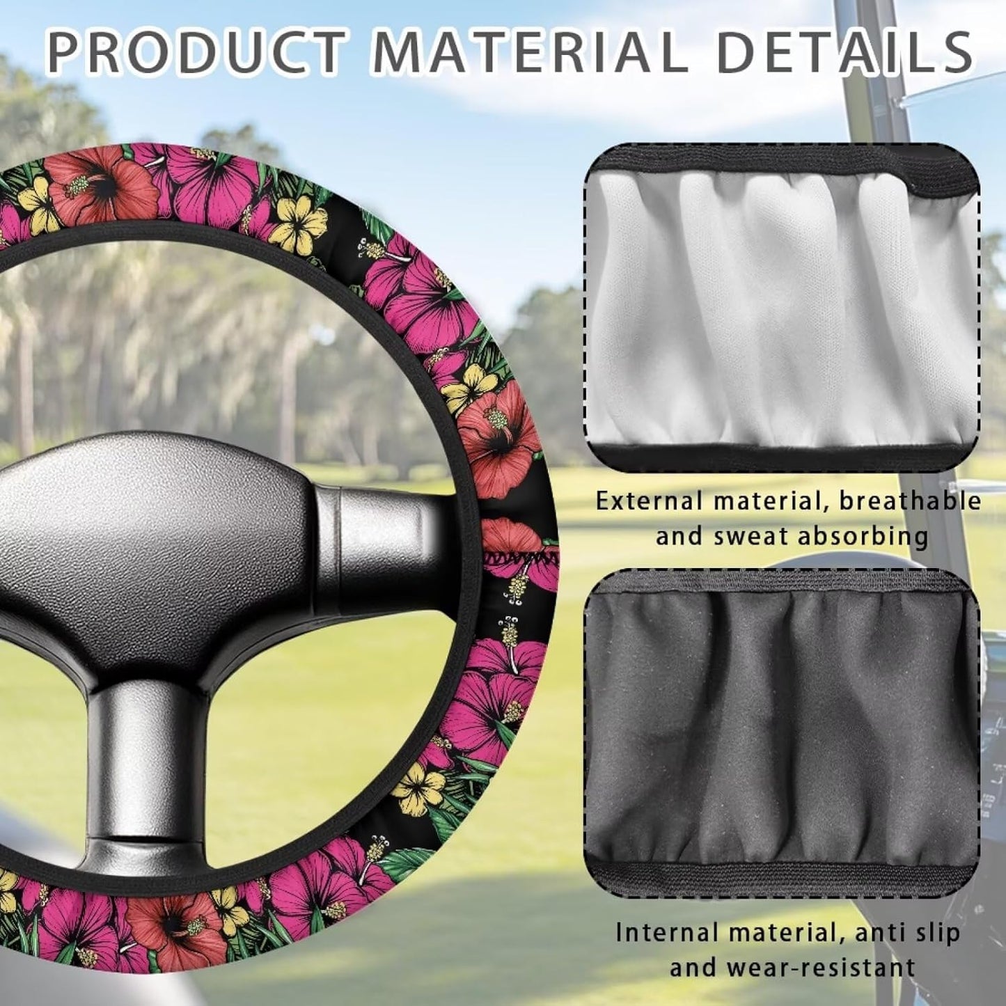 Tropical Flowers Golf Cart Steering Wheel Cover Hibiscus 13-14 Inch Golf Cart Steering Wheel Covers Universal Fit Stretchable Club Car Accessories Cooling in Summer