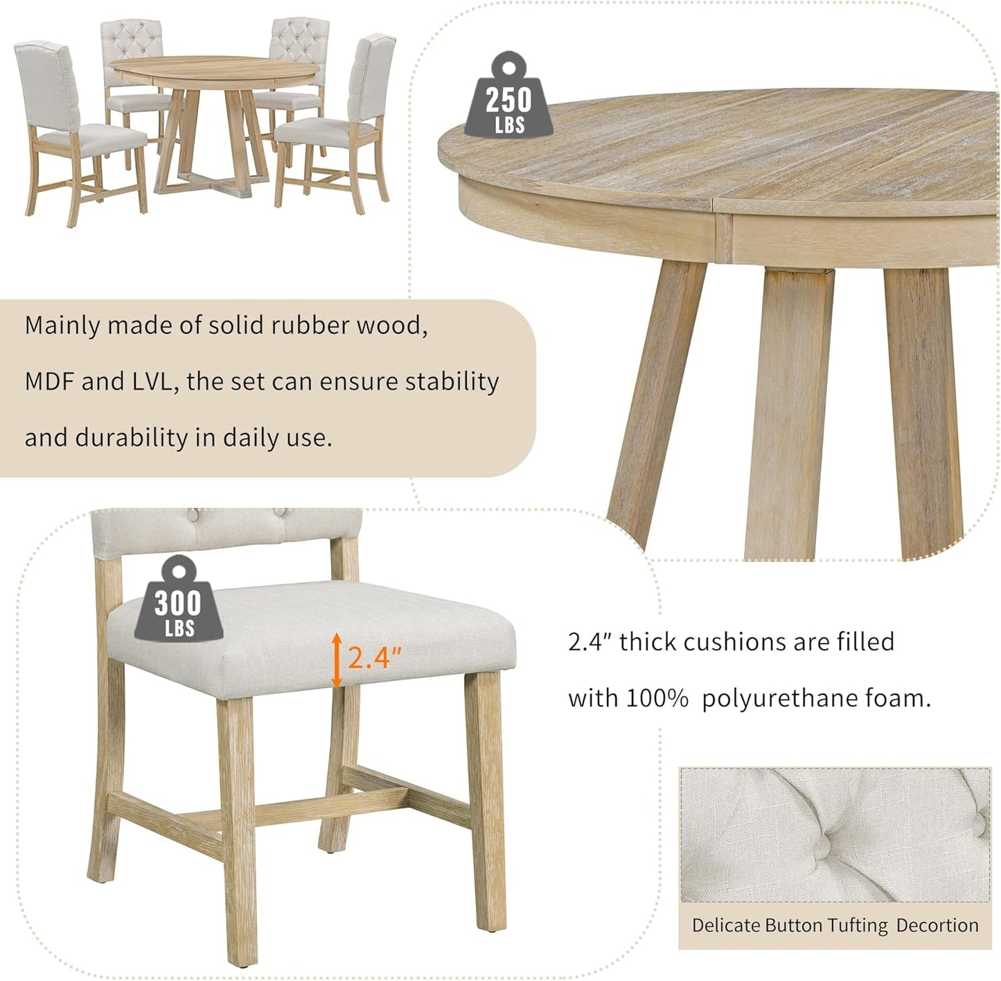 Ball & Cast 5 Piece Dining Table Set with 4 Upholstered Chairs,Living Room Furniture W/ 42" Table,Tabletop Can be Adjusted from Round to Oval in Shape,for Restaurant,Home Bistro,Natural