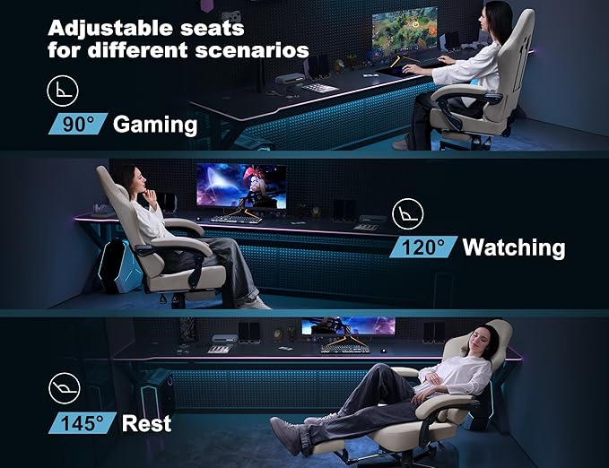 Gaming Chair Breathable Leather with Pocket Spring Cushion,Wide and High Ergonomic Office Chair with Headrest,Computer Gaming Chair with Footrest for Adult and Teen,Beige