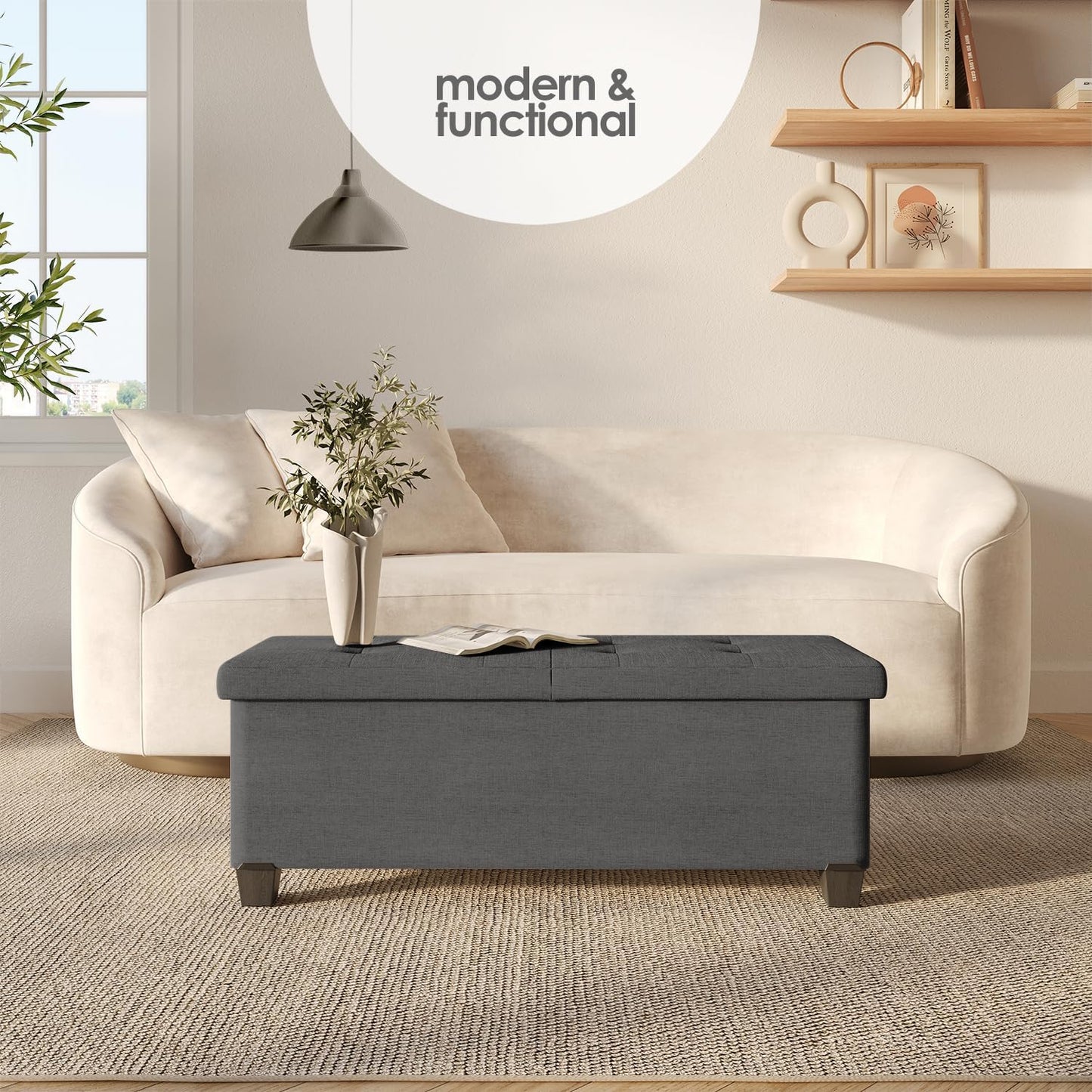 STORAGEBUD Storage Ottoman Bench with Bins, 43-in Storage Bench for Bedroom End of Bed, Folding Foot Rest Ottoman for Living Room Max 660lbs, Fabric Ottomans, Grey