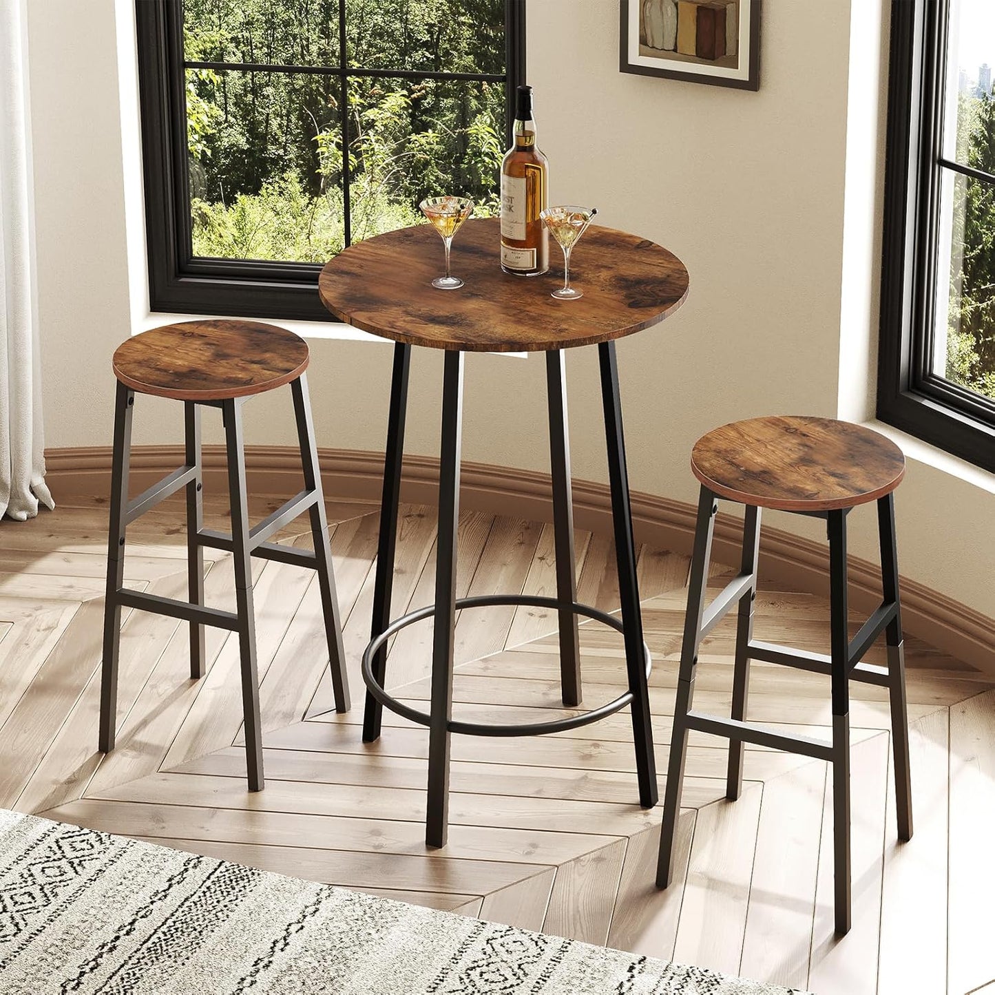 Bar Stools, Set of 2 Round Bar Chairs with Footrest, 28 Inch Kitchen Breakfast Bar Chairs, Industrial Bar Stools, Easy Assembly, for Dining Room, Kitchen, Rustic Brown BAHR02701