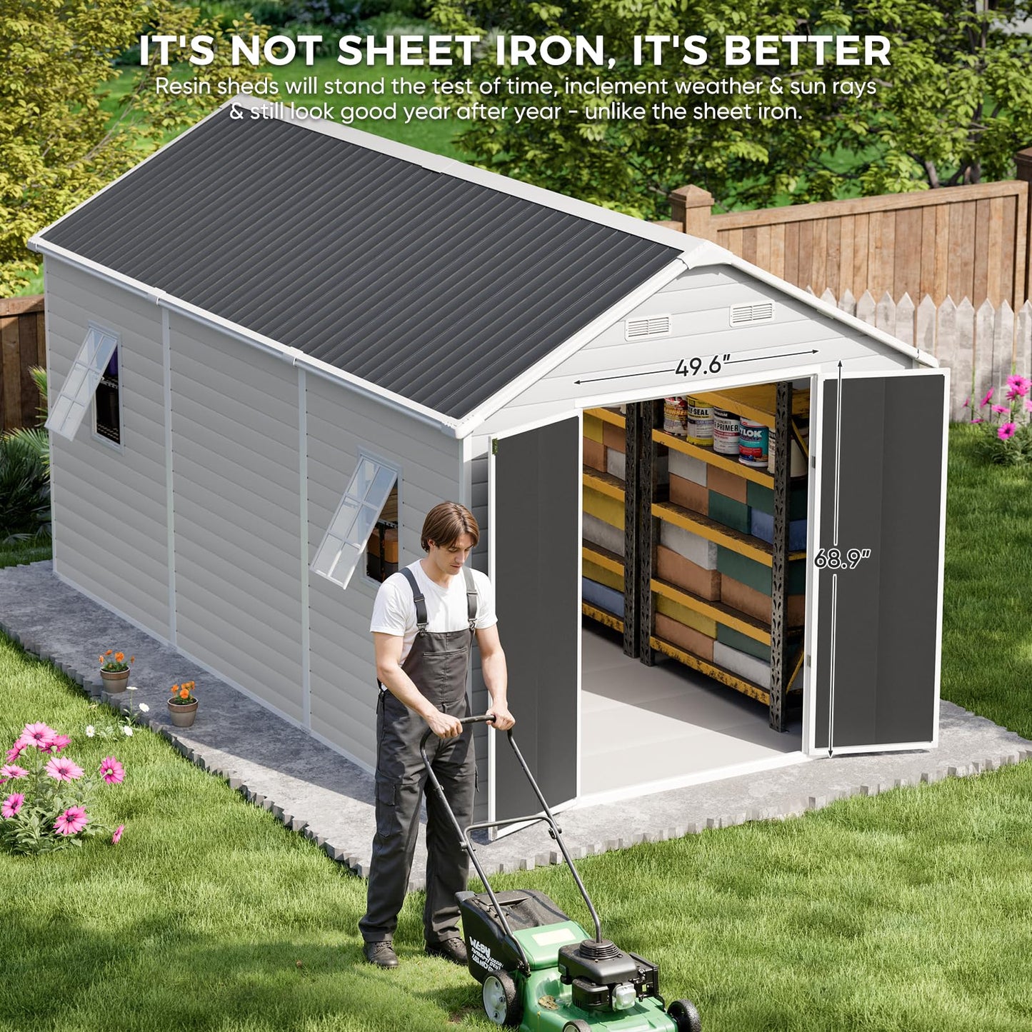 CDCASA Resin Storage Shed 8x14 FT, Waterproof Outdoor Sheds Heavy Duty Aluminum Frame Outside Plastic Tool Shed with Adjustable Openable Windows, Lockable Door for Backyard, Garden, Lawn, Dove Grey
